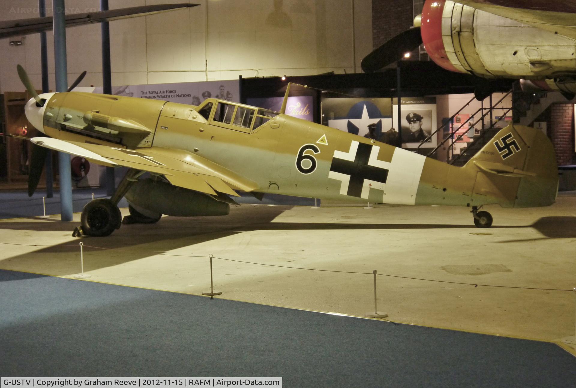 G-USTV, 1942 Messerschmitt Bf-109G-2/Trop C/N 10639, On display at the Royal Air Force Museum, Hendon.