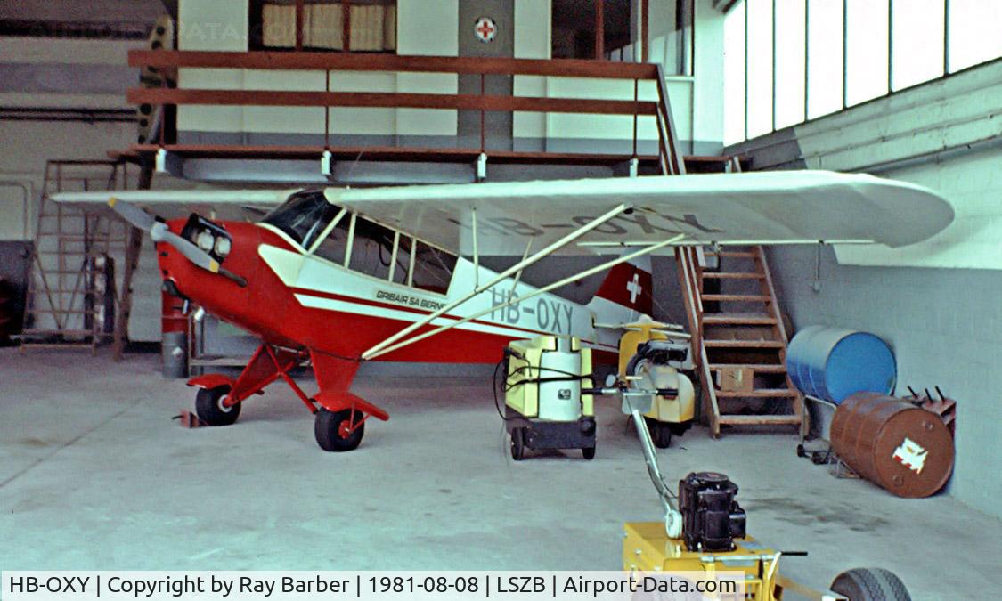 HB-OXY, 1945 Piper L-4J Grasshopper (J3C-65D) C/N 12223, Piper J-3C-100 Cub [12223] Bern-Belp~HB 08/08/1981. Image taken from a slide.