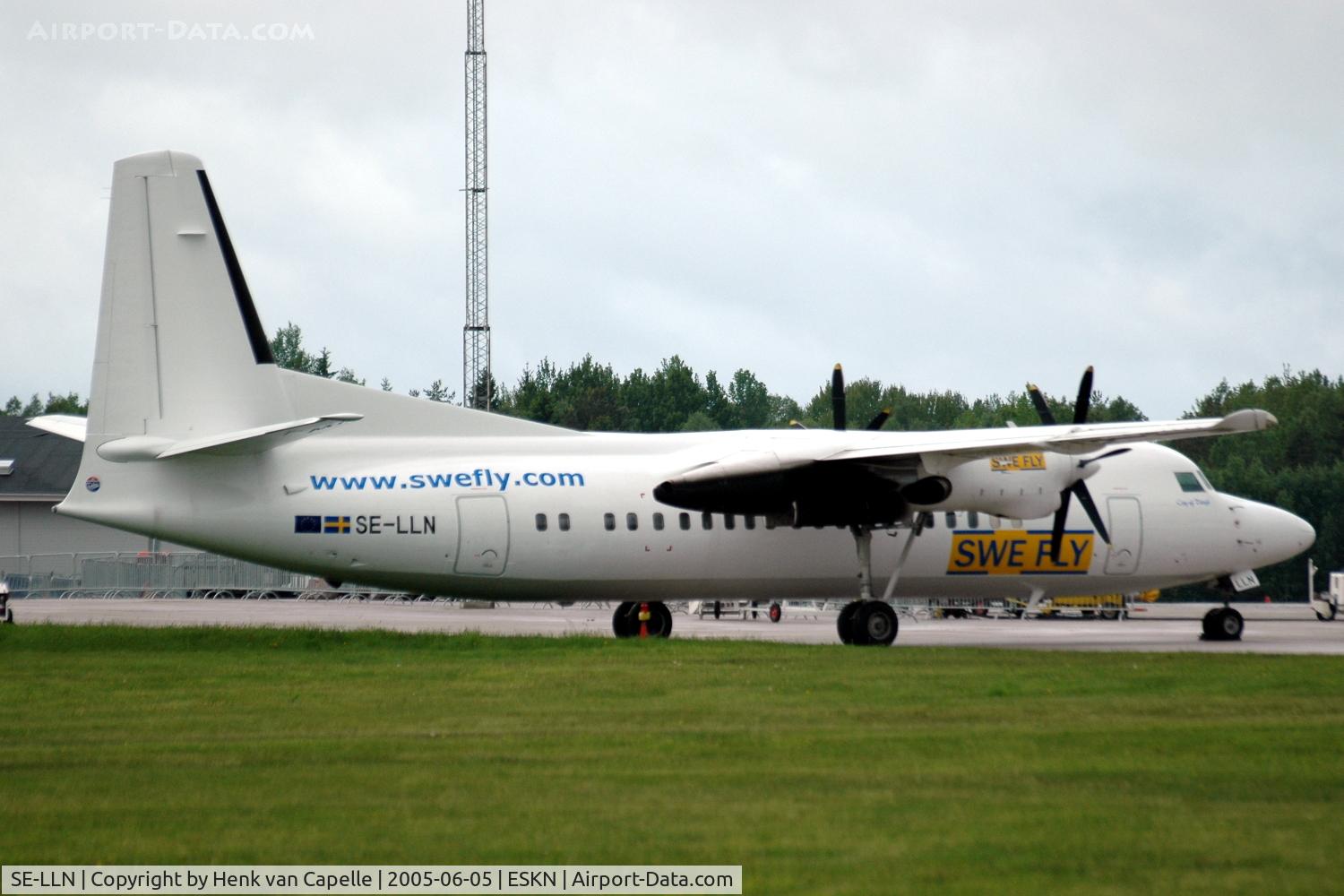 SE-LLN, 1992 Fokker 50 C/N 20260, Fokker 50, operated by SWE Fly, parked on the platform of Skavsta airport, Nyköping, Sweden.