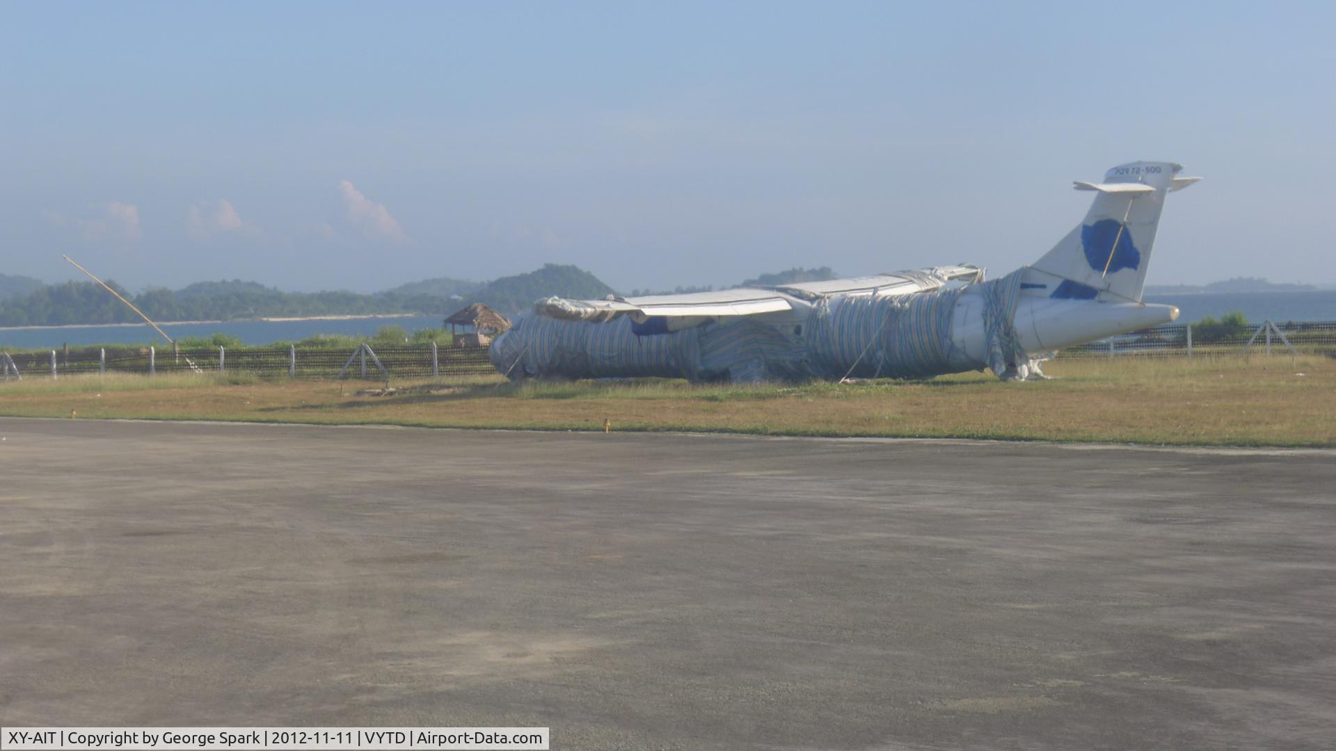 XY-AIT, 1998 ATR 72-212A C/N 543, What remains of Air KBZ's ATR 72 XY-AIT at Thandwe Airport in Myanmar. The plane crashed on 17 February 2012 and was abandoned at the airport.