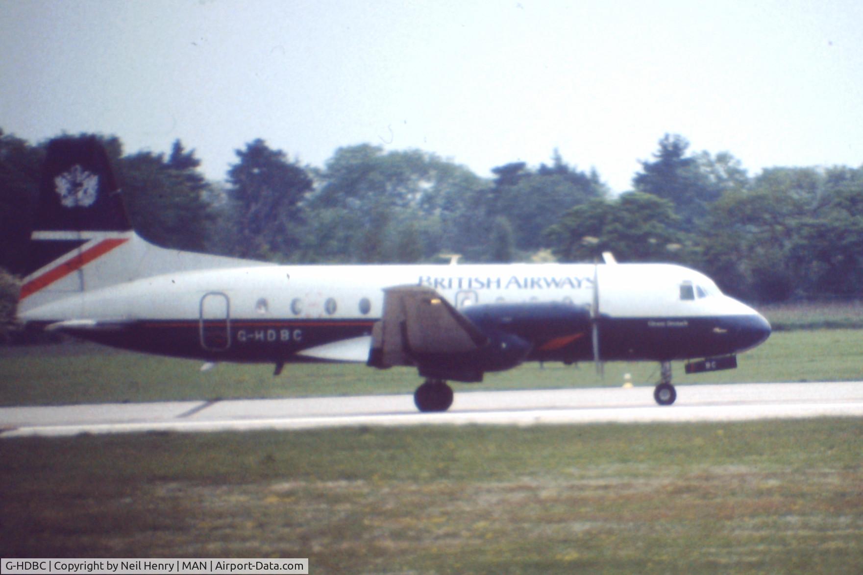 G-HDBC, 1981 Hawker Siddeley HS.748 Series 2B C/N 1786, Scanned original slide - taken at Manchester, UK., airport in spring of 1991
