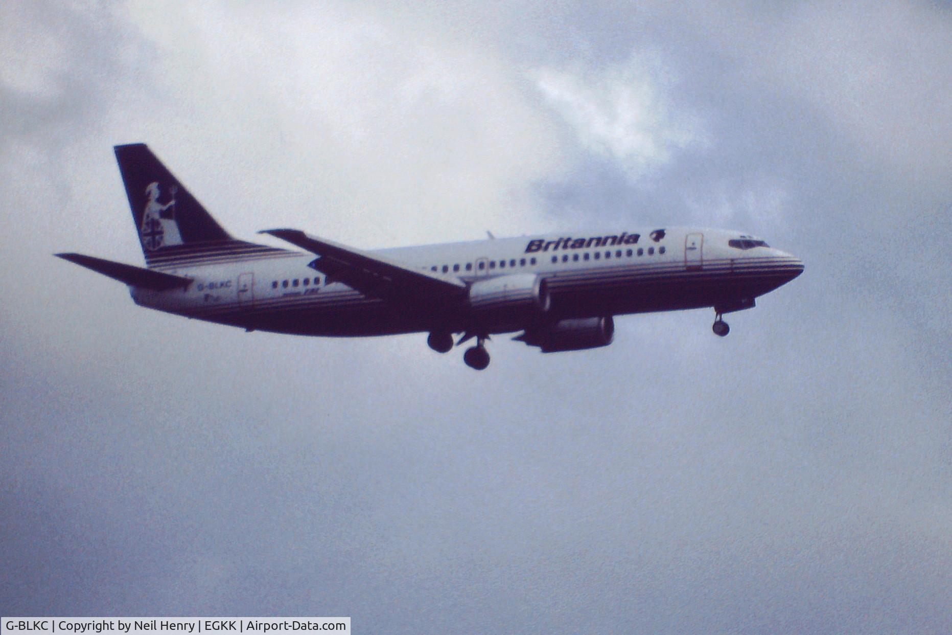 G-BLKC, 1984 Boeing 737-3T5 C/N 23061, Scanned from original slide - taken on overcast day at end of August 1991 at eastern approach to London Gatwick Airport.