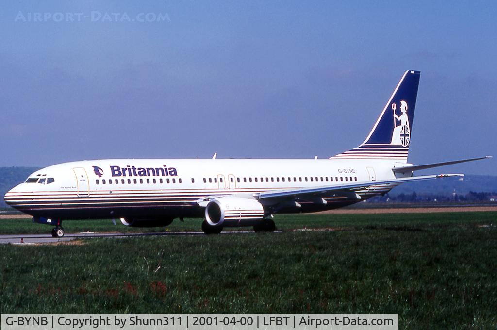 G-BYNB, 2000 Boeing 737-804 C/N 30466, Taxiing holding point rwy 02 for departure...