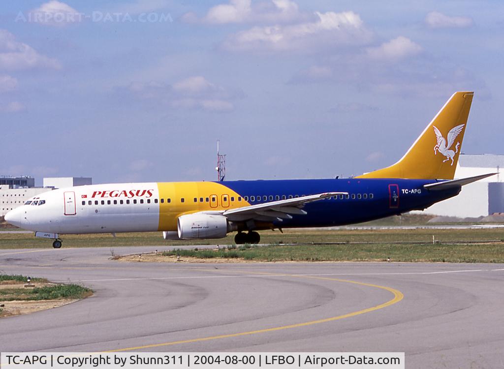 TC-APG, 1999 Boeing 737-82R C/N 29329, Taxiing holding point rwy 32R for departure in basic Myanmar International Airlines c/s