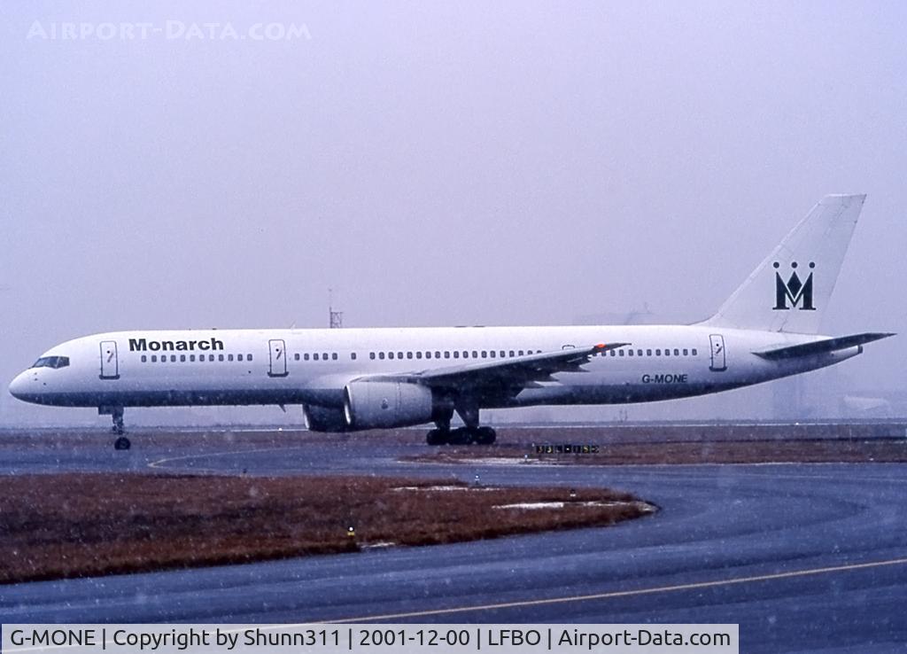 G-MONE, 1985 Boeing 757-2T7 C/N 23293, Taxiing holding point rwy 32L for departure under snow in all white with titles...