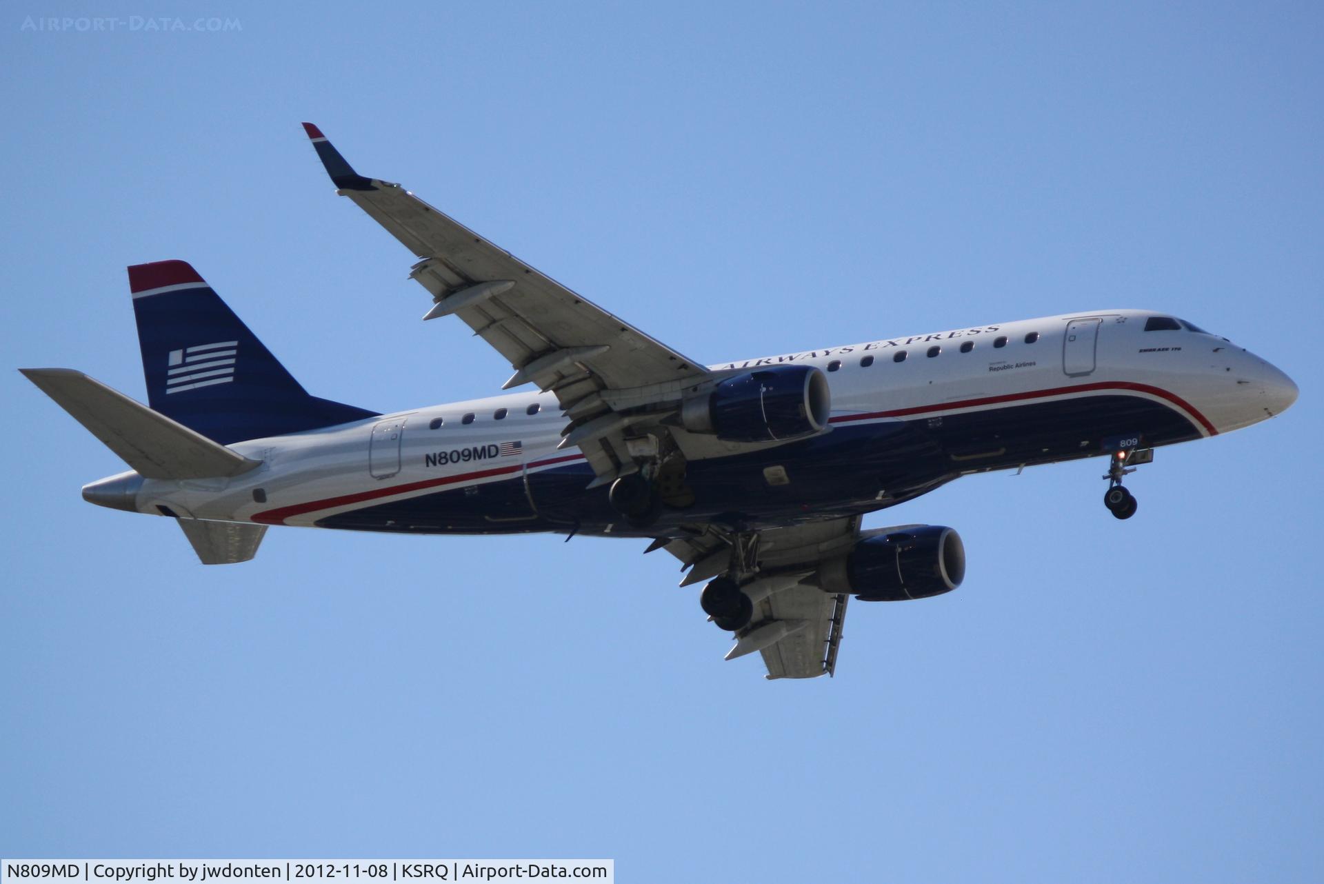 N809MD, 2004 Embraer 170SU (ERJ-170-100SU) C/N 17000022, US Air Flight 3327 operated by Republic (N809MD) arrives at Sarasota-Bradenton International Airport following a flight from Reagan National Airport