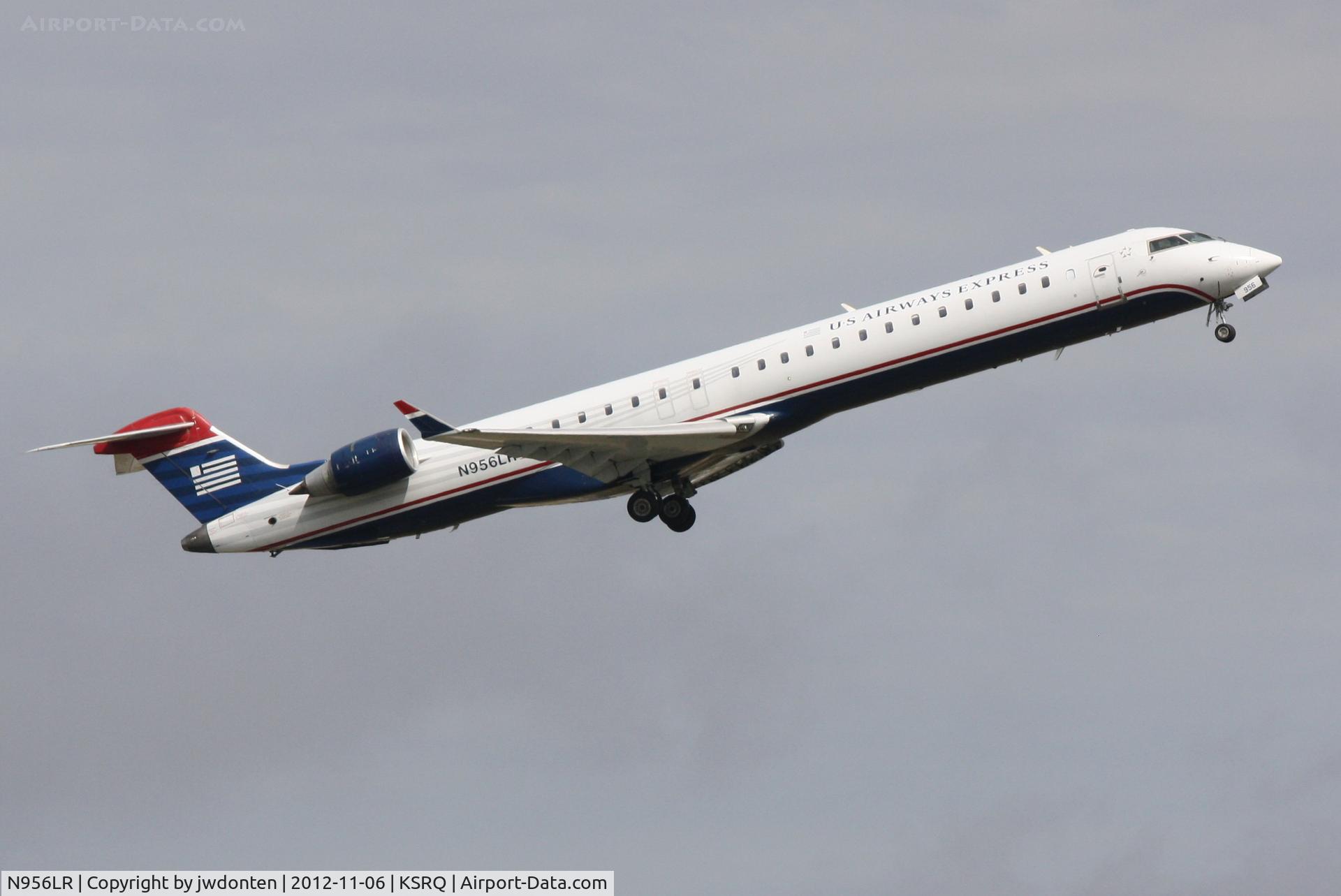 N956LR, 2005 Bombardier CRJ-900ER (CL-600-2D24) C/N 15056, US Air Flight 2678 operated by Mesa (N956LR) departs Sarasota-Bradenton International Airport enroute to Charlotte-Douglas International Airport
