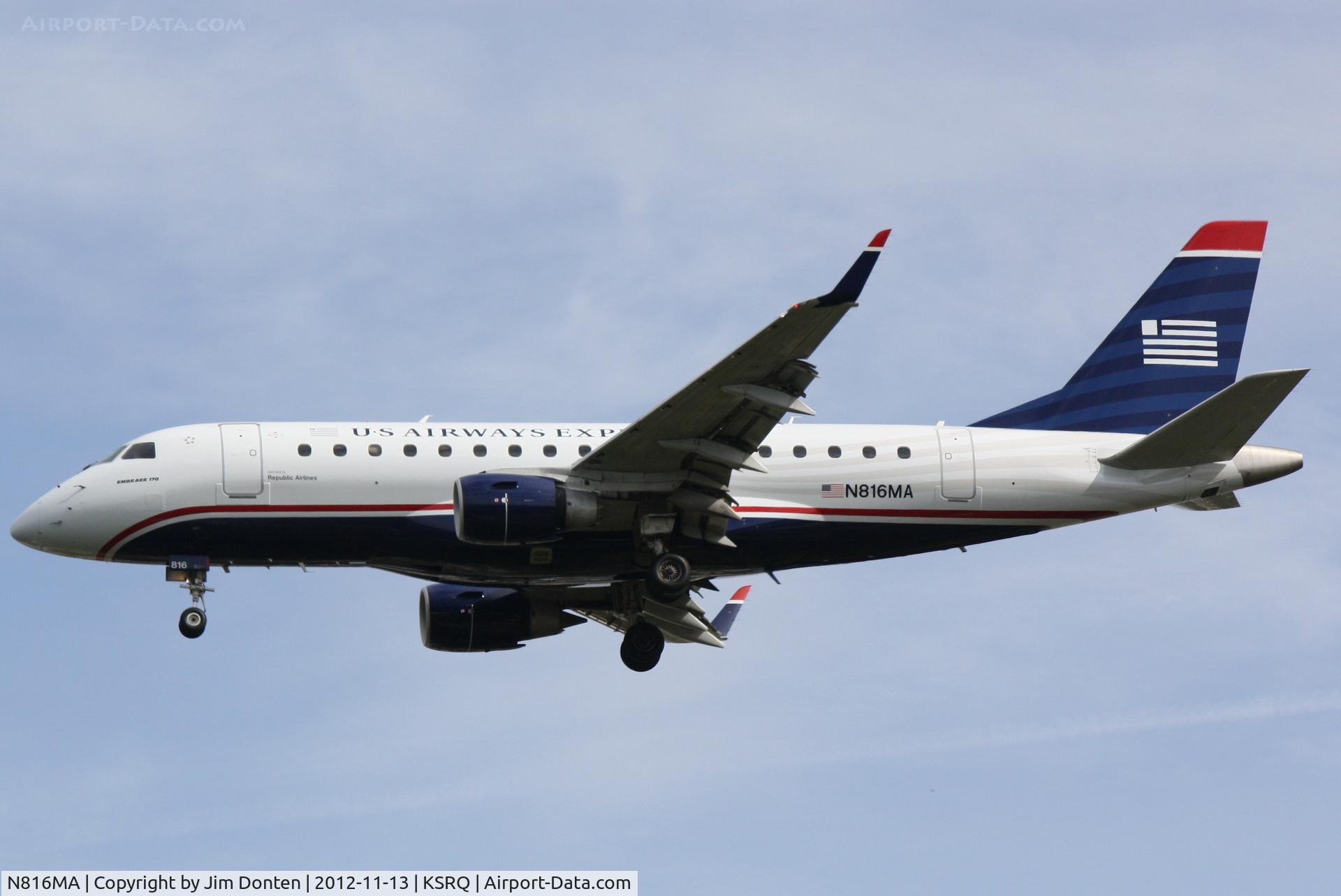 N816MA, 2004 Embraer 170SU (ERJ-170-100SU) C/N 17000037, US Air Flight 3327 (N816MA) arrives at Sarasota-Bradenton International Airport following a flight from Reagan National Airport