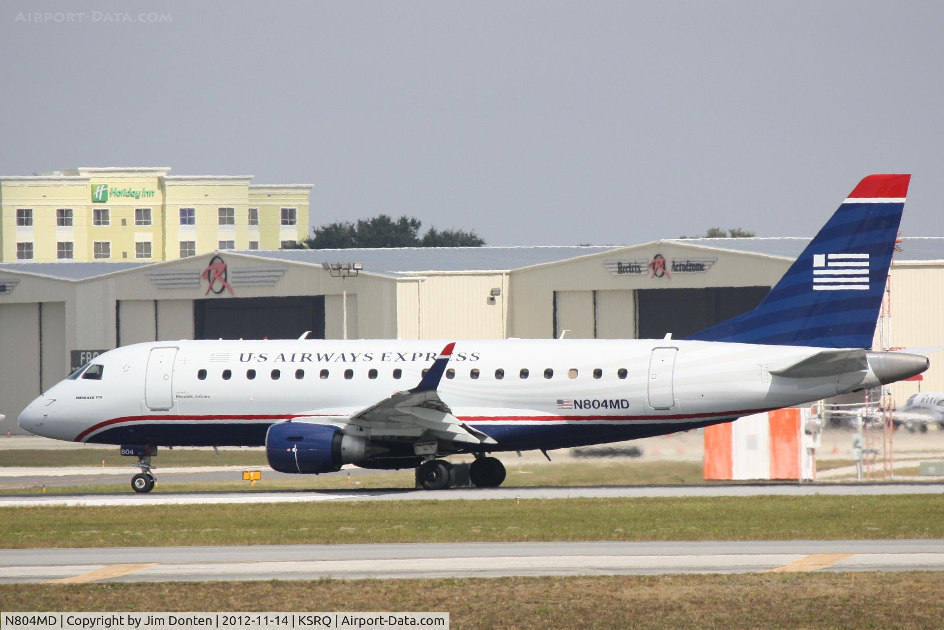 N804MD, 2004 Embraer 170SU (ERJ-170-100SU) C/N 17000016, US Air Flight 3396 operated by Republic (N804MD) departs Sarasota-Bradenton International Airport enroute to Reagan National Airport