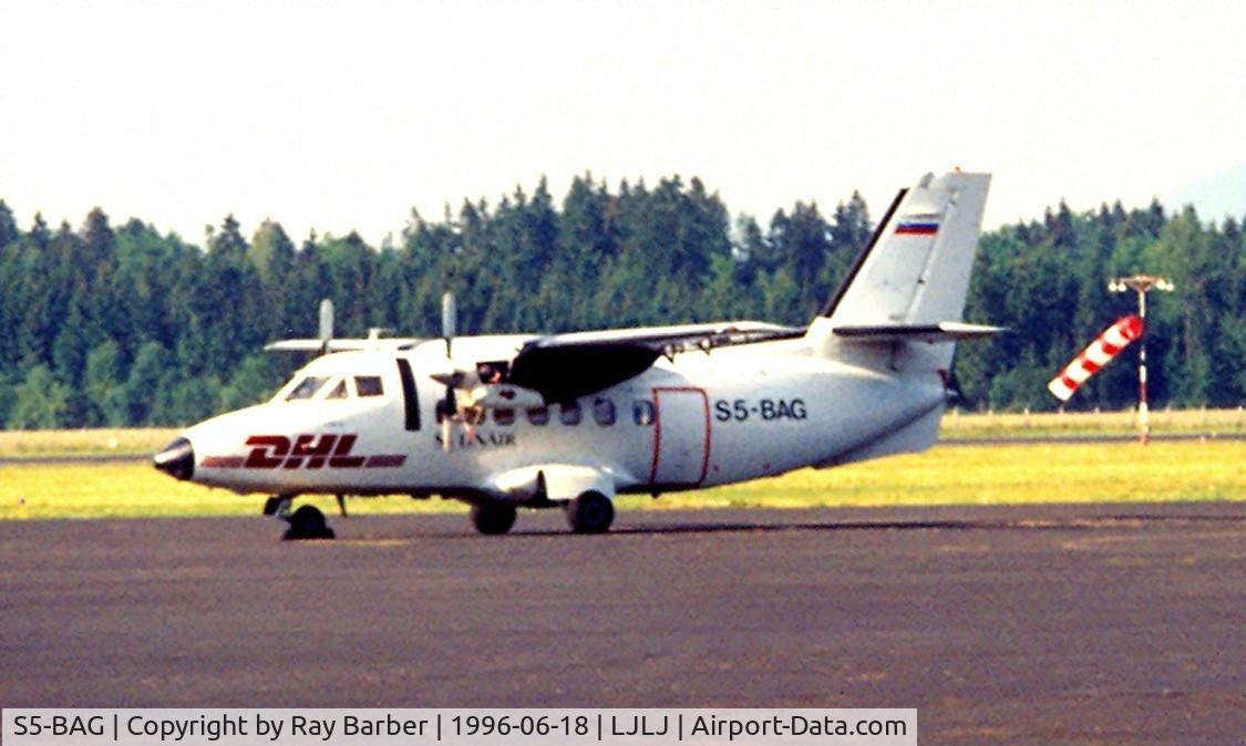 S5-BAG, 1975 Let L-410AB Turbolet C/N 750409, LET L-410AB Turbolet [750409] (Solinair/DHL) Ljubljana~S5 18/06/1996. Damaged beyond repair in 1999. Current status uncertain. Sorry for the quality of the image but here for historical purposes.