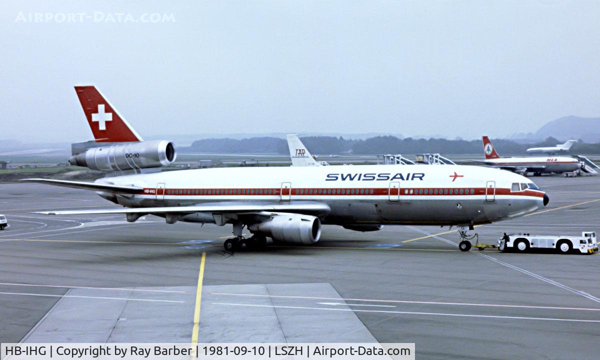 HB-IHG, 1975 McDonnell Douglas DC-10-30 C/N 46581, McDonnell-Douglas DC-10-30 [46581] (Swissair) Zurich~HB 10/09/1981. Image taken from a slide.