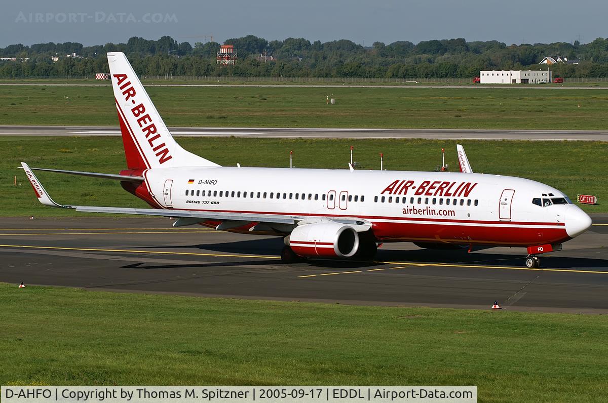 D-AHFO, 2000 Boeing 737-8K5 C/N 27987, Hapagfly D-AHFO wetleased to Air Berlin in full AB old c/s taxiing twds rwy 23l at DUS