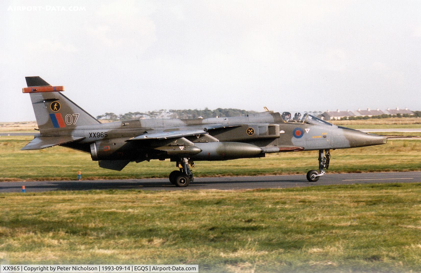 XX965, 1975 Sepecat Jaguar GR.1A C/N S.87, Jaguar GR.1A of 16[Reserve] Squadron taxying to Runway 05 at RAF Lossiemouth in September 1993.