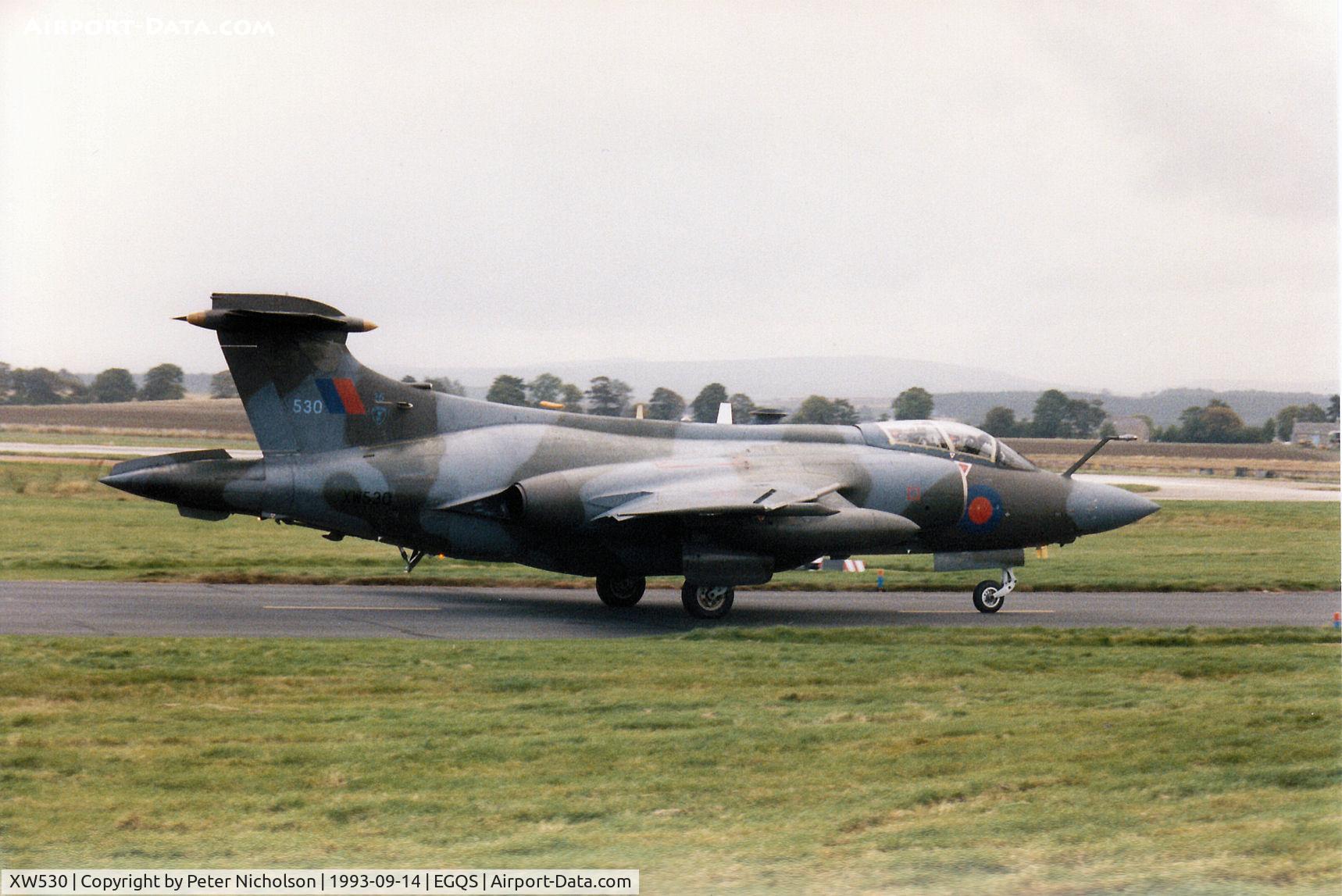 XW530, 1970 Hawker Siddeley Buccaneer S.2B C/N B3-06-69, Buccaneer S.2B of 12 Squadron taxying to Runway 05 at RAF Lossiemouth in September 1993.