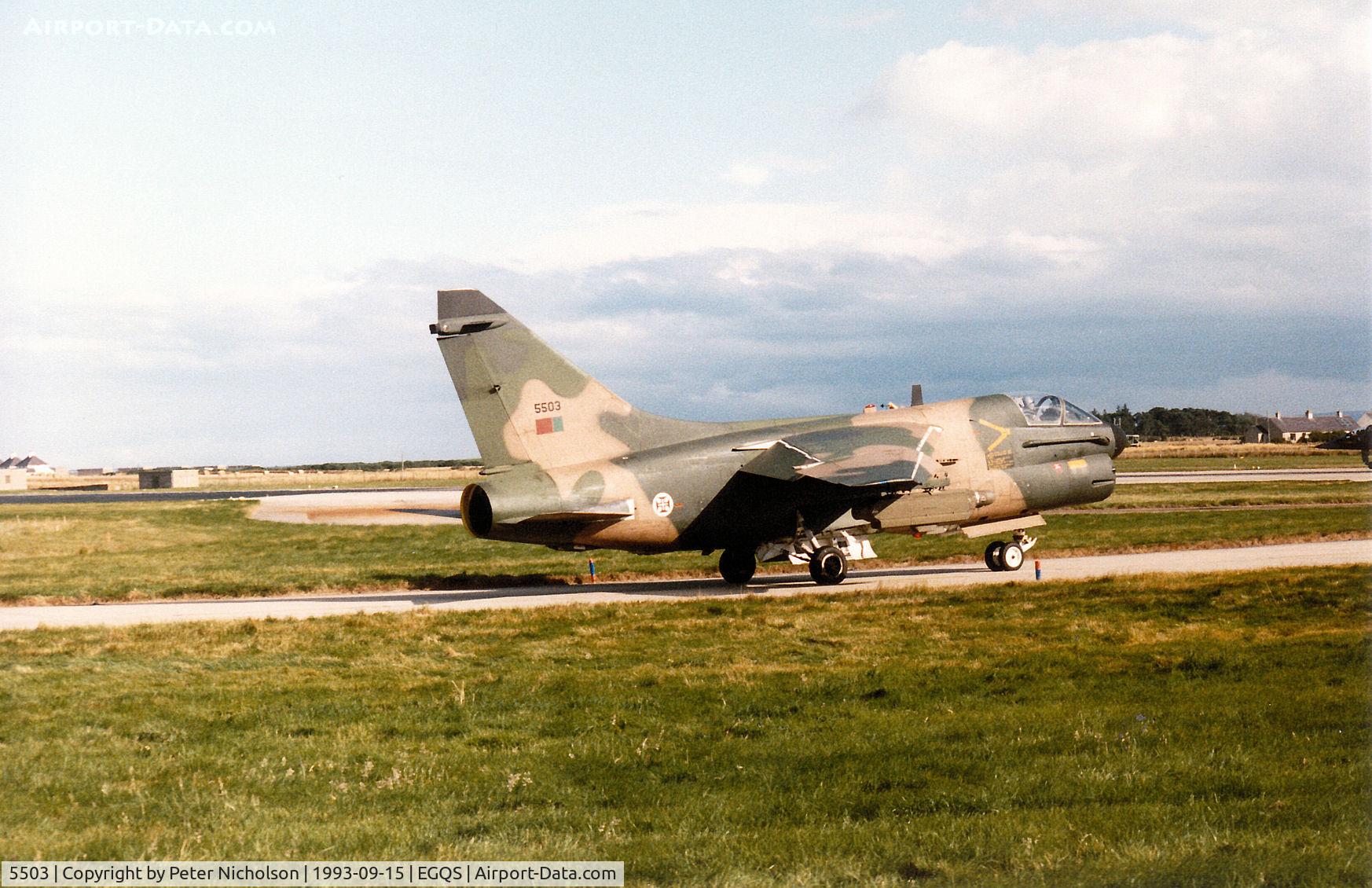5503, LTV A-7P Corsair II C/N A-182/P-003, Portuguese Air Force A-7P Corsair II of 304 Esquadron taxying to Runway 05 at RAF Lossiemouth in September 1993.