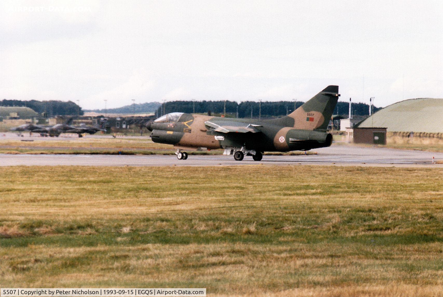 5507, LTV A-7P Corsair II C/N A-103/P-007, Portuguese Air Force A-7P Corsair II of 304 Esquadron lined up on Runway 05 at RAF Lossiemouth in September 1993.