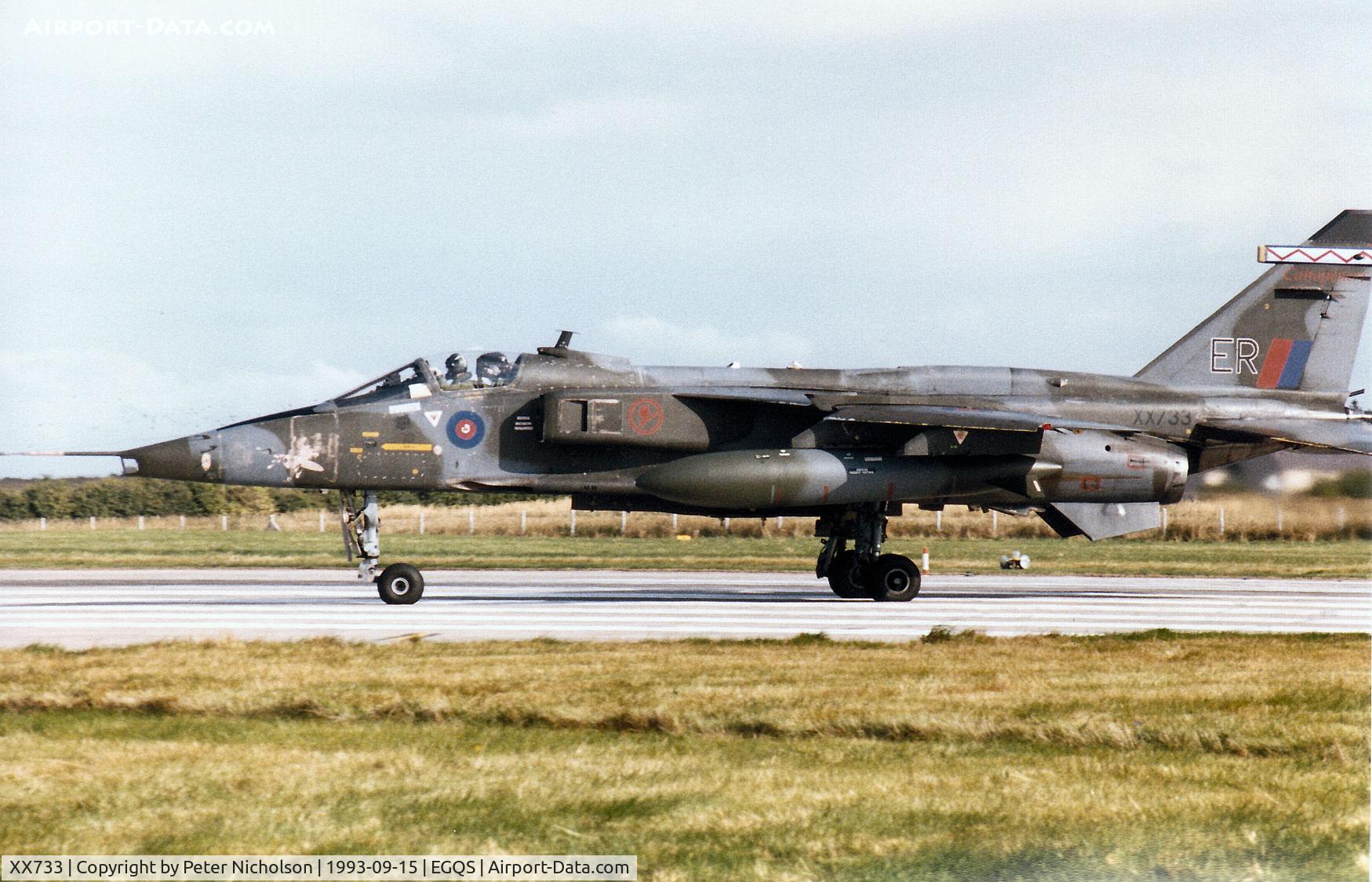 XX733, 1974 Sepecat Jaguar GR.1A C/N S.30, Jaguar GR.1A of 6 Squadron at RAF Coltishall joining Runway 05 at RAF Lossiemouth in September 1993.