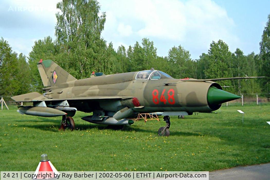 24 21, Mikoyan-Gurevich MiG-21bis C/N N75051407, Mikoyan-Gurevich MiG-21bis Fishbed-L [N75051407] Cottbus~D 06/05/2002. Marked as 848 of former DDR but is still registered as 24+21.