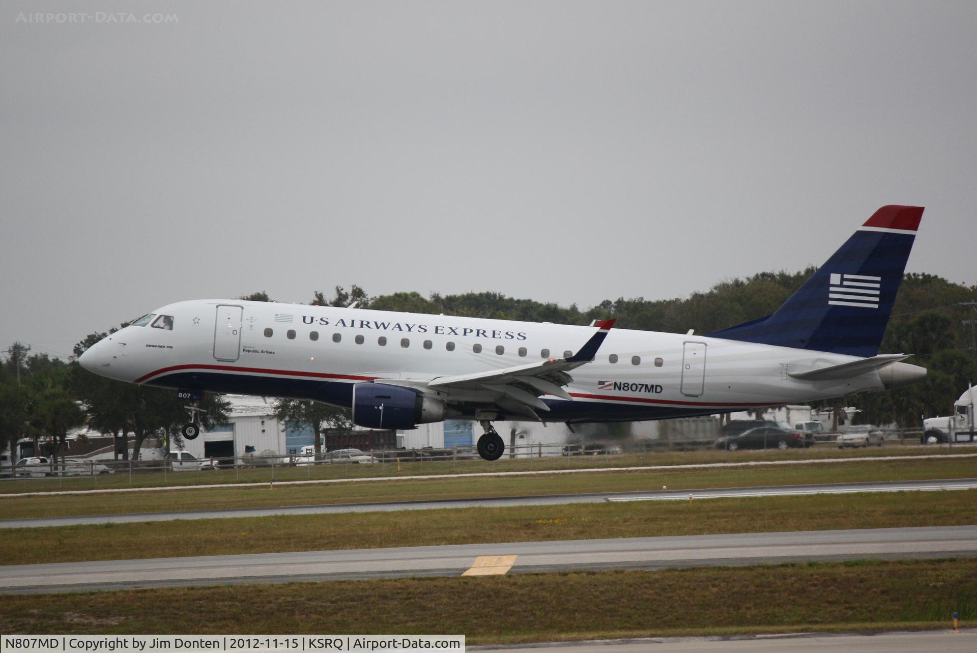 N807MD, 2004 Embraer 170SU (ERJ-170-100SU) C/N 17000020, US Air Flight 3327 operated by Republic (N807MD) arrives at Sarasota-Bradenton International Airport following a flight from Reagan National Airport