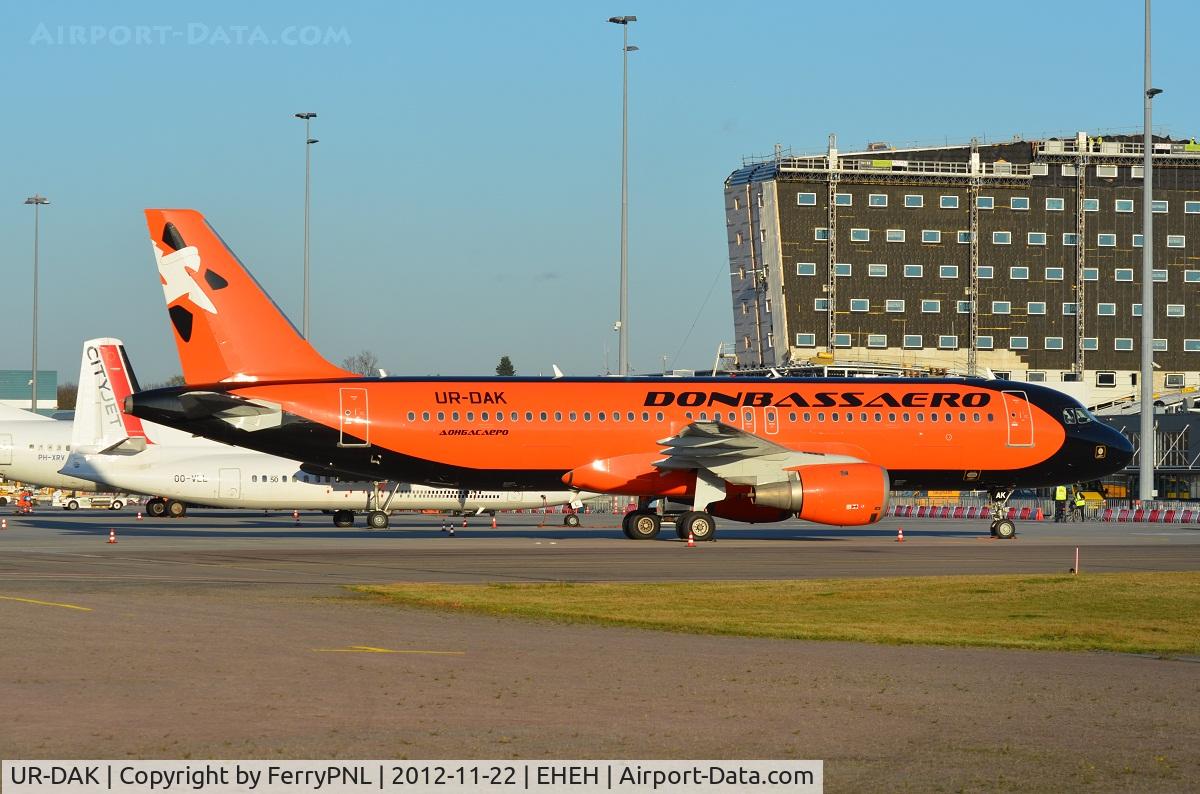 UR-DAK, 1997 Airbus A320-211 C/N 662, Enjoying the november sun in EIN on its day off. Flew a  Ukrainian soccer club to EIN for a match tonight against PSV.
