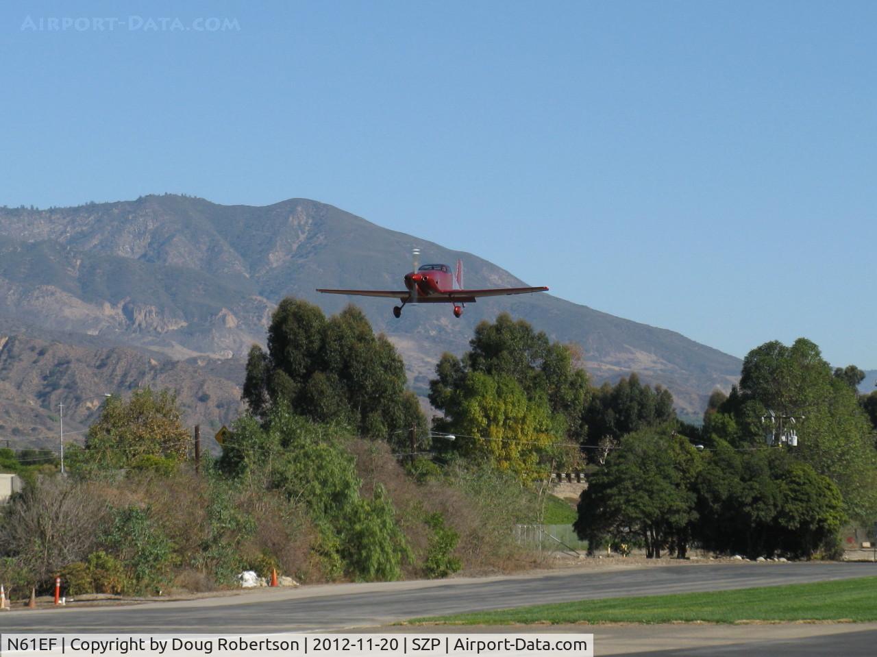 N61EF, 1989 Bushby Mustang II C/N M-II-1019, 1989 Forisch BUSHBY M-II MUSTANG II, Lycoming O-320 160 Hp, on final with center flap down. Two-place, very popular with at least 700 being plans-built by 1976. Forty flying then.
