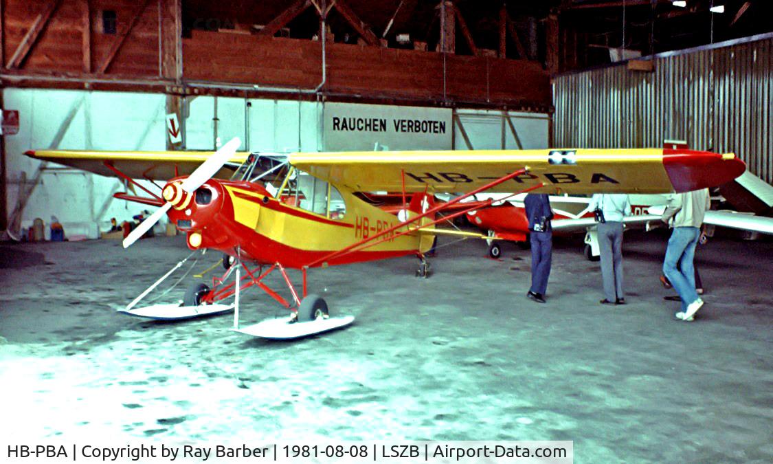 HB-PBA, 1956 Piper PA-18-150 Super Cub Super Cub C/N 18-4922, Piper PA-18-150 Super Cub [Unknown] Bern-Belp~HB 08/08/1981. Image taken from a slide. This was a spare frame use by the Belgian Air Force after a accident and rebuilt.