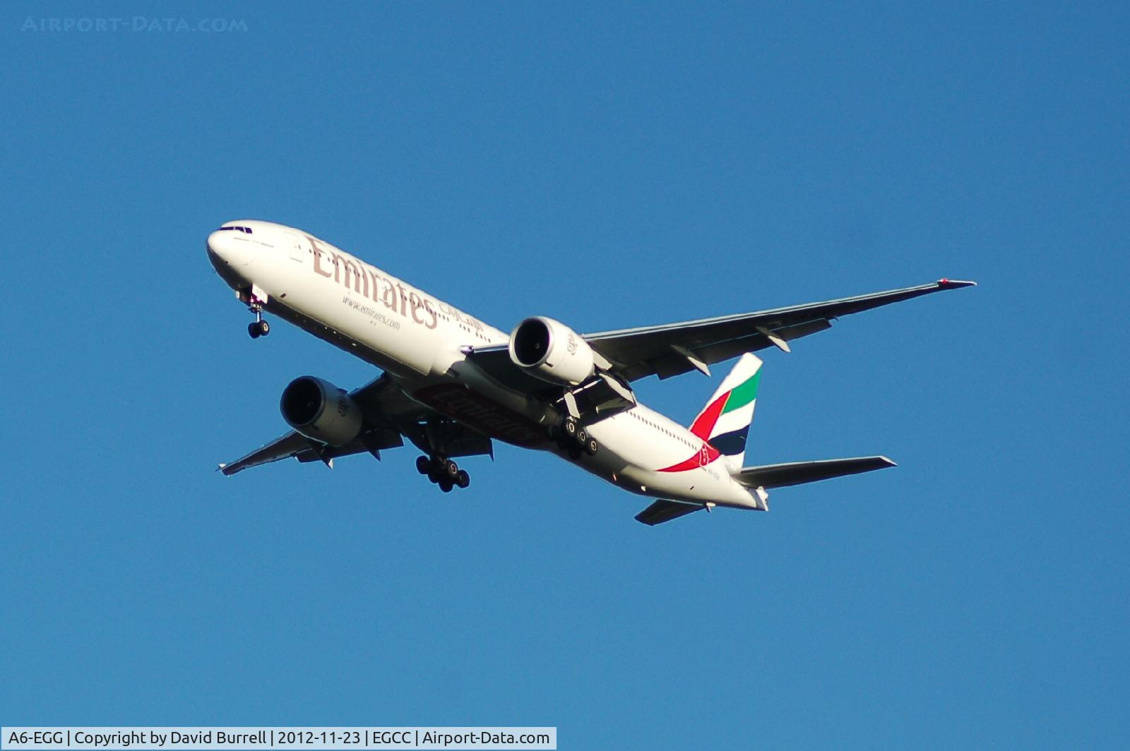 A6-EGG, 2011 Boeing 777-31H/ER C/N 41070, A6-EGG Emirates Boeing 777-31H (ER) on approach to Manchester Airport.