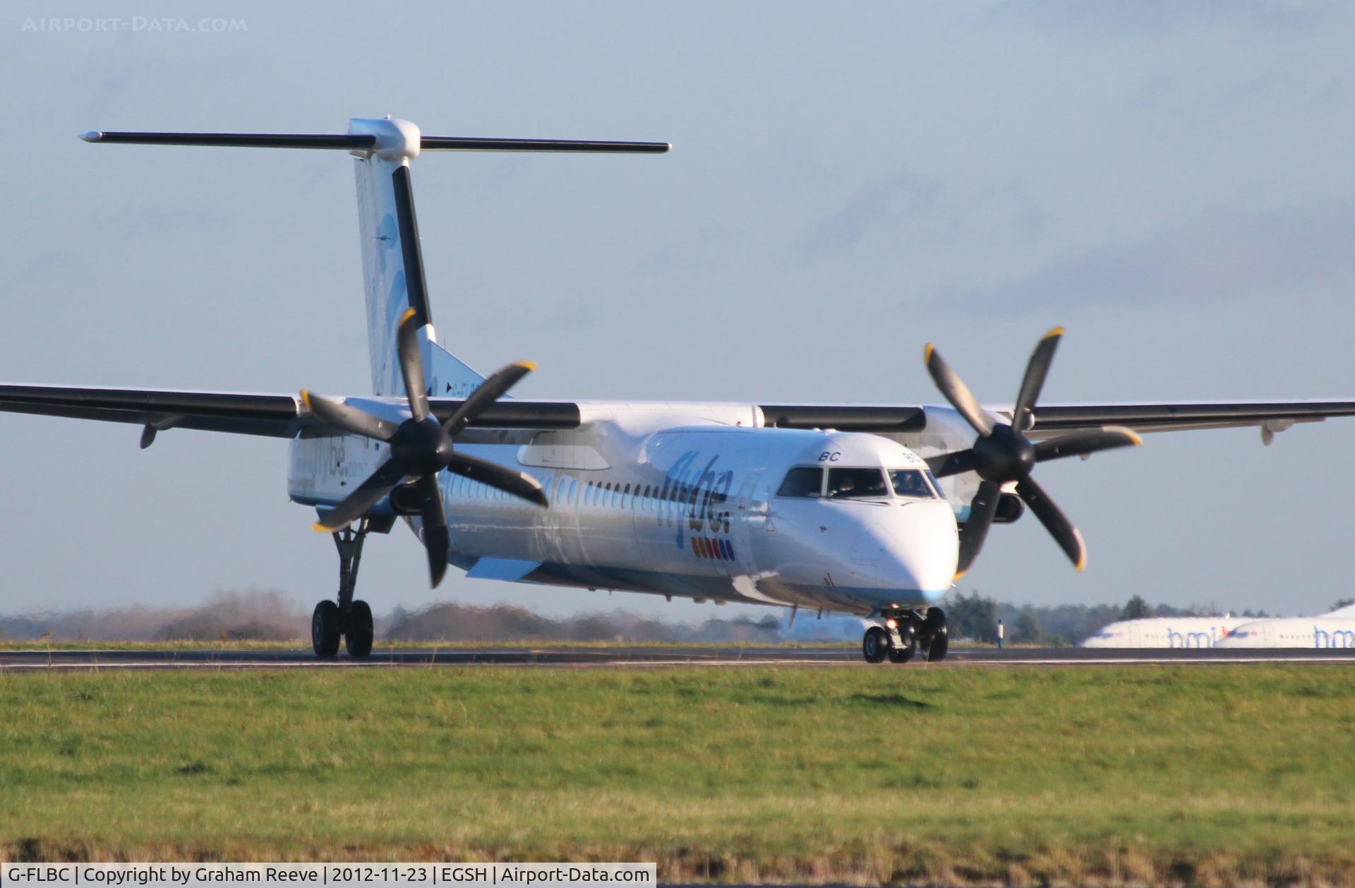 G-FLBC, 2009 De Havilland Canada DHC-8-402Q Dash 8 C/N 4257, Turning off runway 27 having just landed.