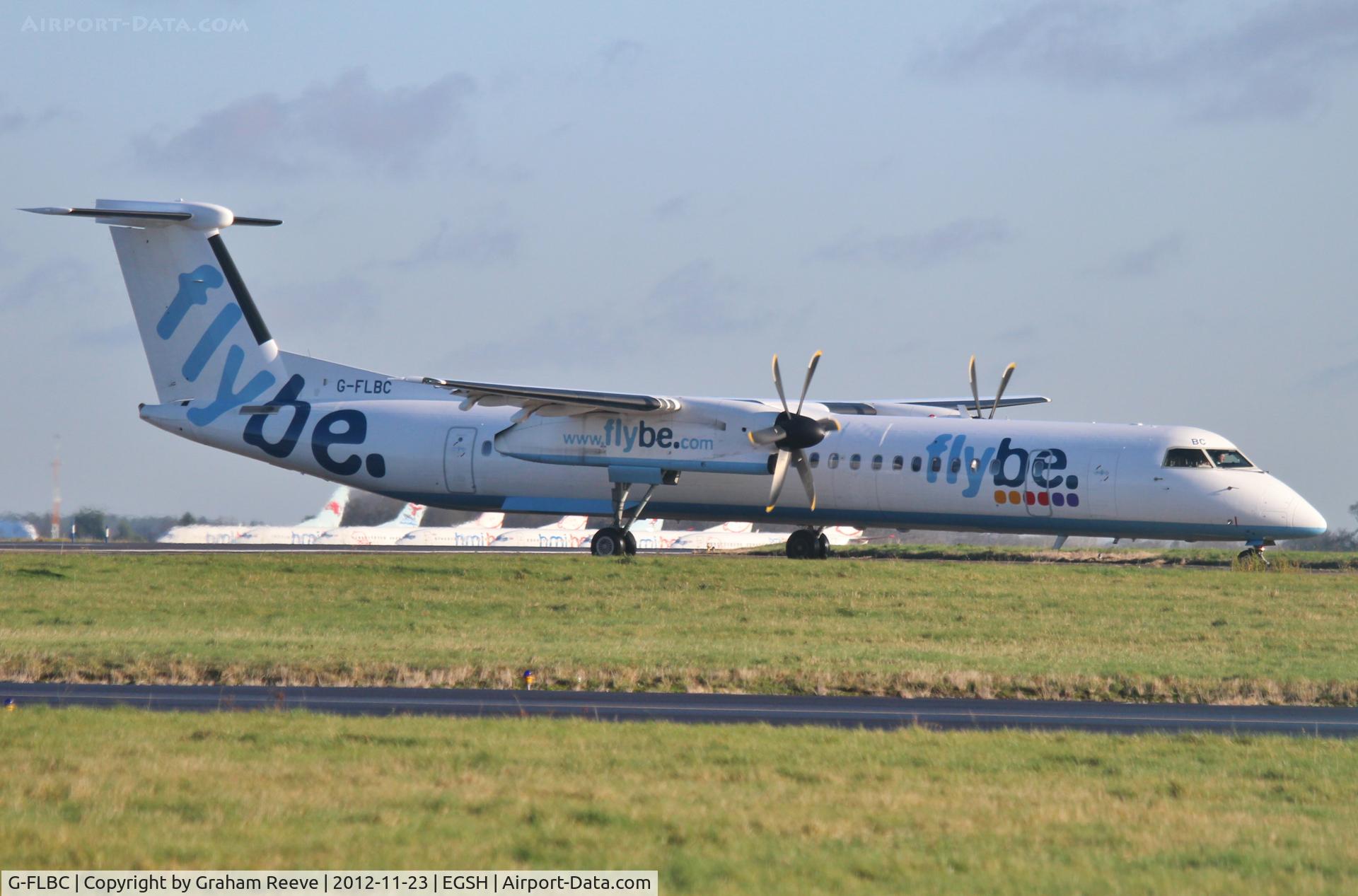G-FLBC, 2009 De Havilland Canada DHC-8-402Q Dash 8 C/N 4257, Just landed at Norwich.