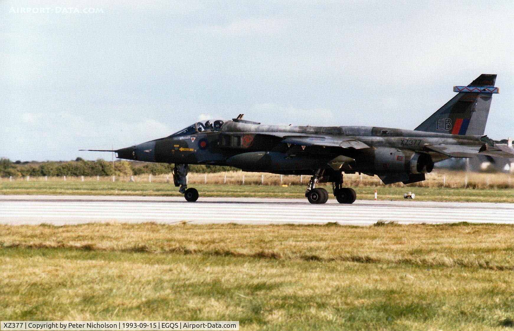 XZ377, 1977 Sepecat Jaguar GR.1A C/N S.144, Jaguar GR.1A of 6 Squadron preparing for take-off on Runway 5 at RAF Lossiemouth in September 1993.