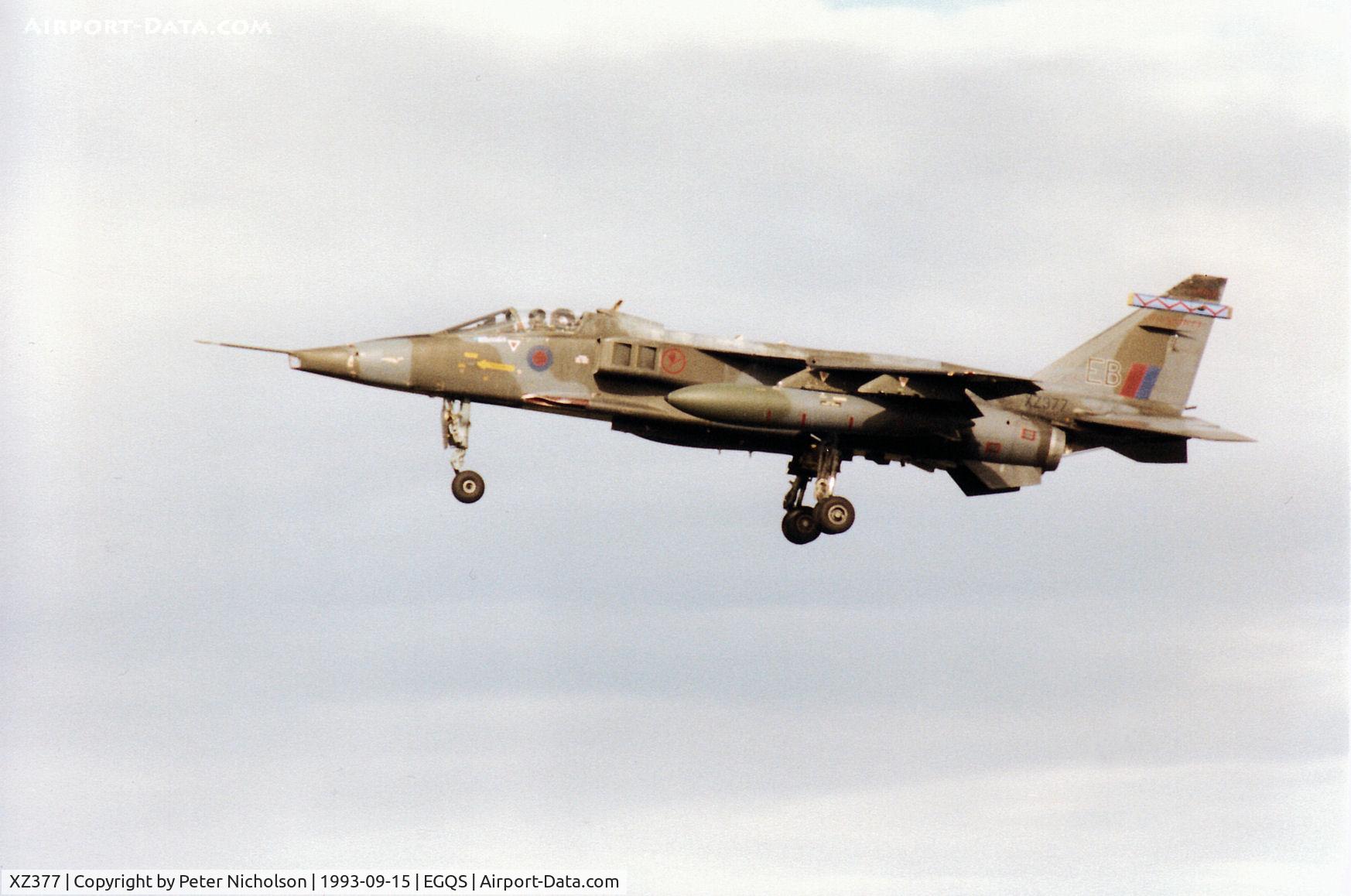 XZ377, 1977 Sepecat Jaguar GR.1A C/N S.144, Jaguar GR.1A of 6 Squadron at RAF Coltishall on final approach to Runway 23 at RAF Lossiemouth in September 1993.