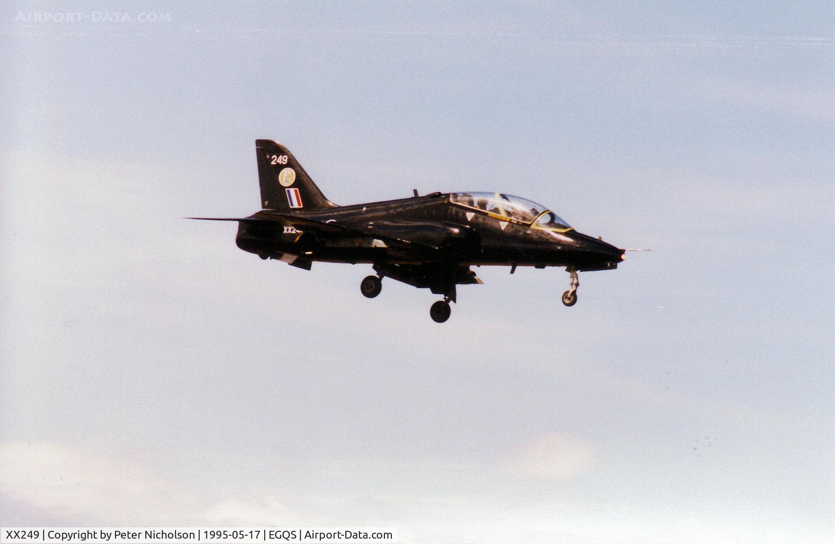 XX249, 1978 Hawker Siddeley Hawk T.1 C/N 085/312085, Hawk T.1A of 19[Reserve] Squadron at RAF Valley on final approach to Runway 05 at RAF Lossiemouth in the Summer of 1995.