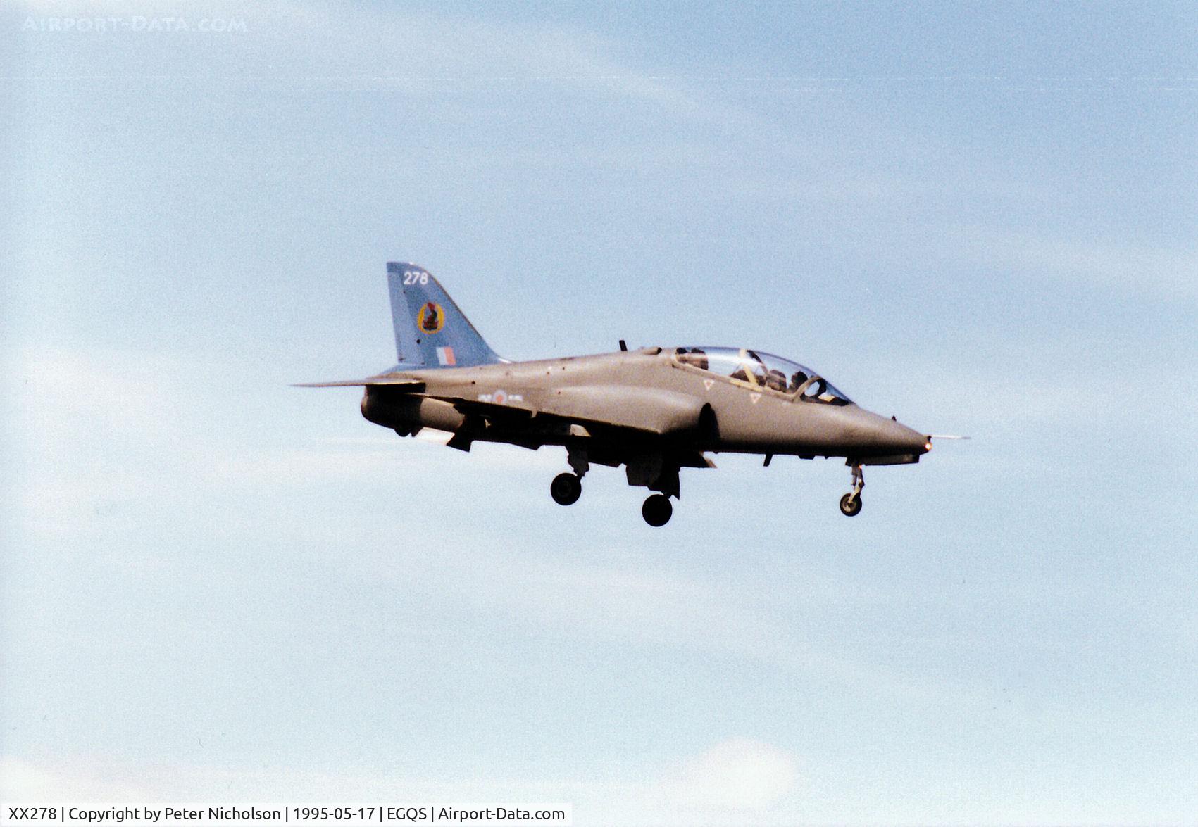 XX278, 1978 Hawker Siddeley Hawk T.1A C/N 103/312103, Hawk T.1A of 19[Reserve] Squadron at RAF Valley on final approach to Runway 05 at RAF Lossiemouth in the Summer of 1995.