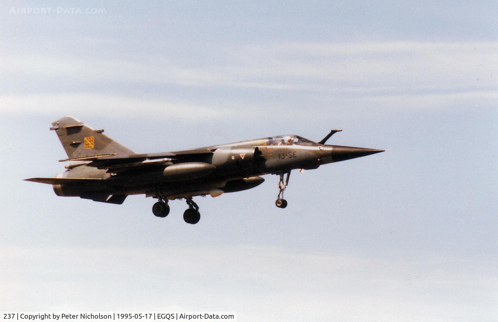 237, Dassault Mirage F.1CT C/N 237, Mirage F.1CT, callsign French Air Force 5722, of EC 1/3 on final approach to Runway 05 at RAF Lossiemouth in May 1995.