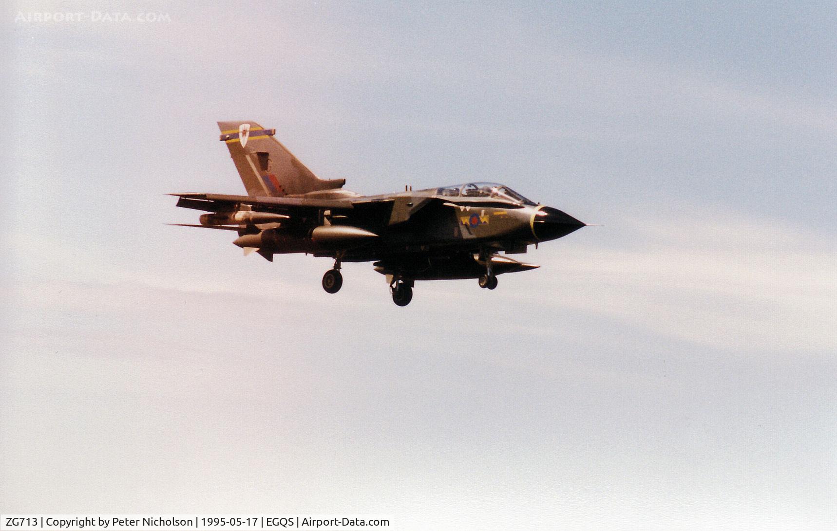 ZG713, 1990 Panavia Tornado GR.1A C/N 824/BS180/3396, Tornado GR.1A, callsign Oscar Seven Six, of 13 Squadron at RAF Marham on final approach to RAF Lossiemouth in the Summer of 1995.