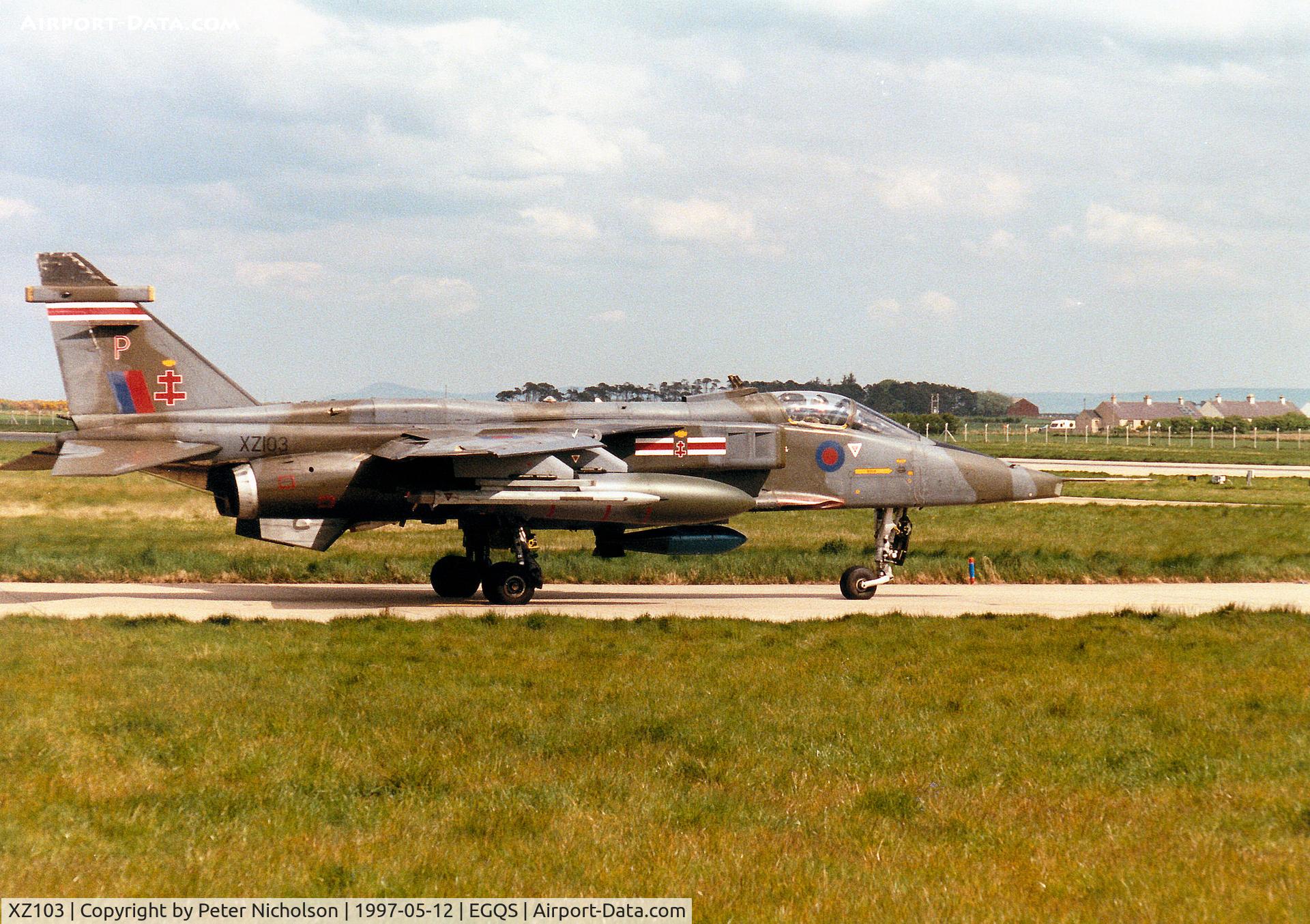 XZ103, 1976 Sepecat Jaguar GR.1A C/N S.104, Jaguar GR.1A, callsign Boxer 3, of 41 Squadron at RAF Coltishall taxying to Runway 05 at RAF Lossiemouth in the Summer of 1997.