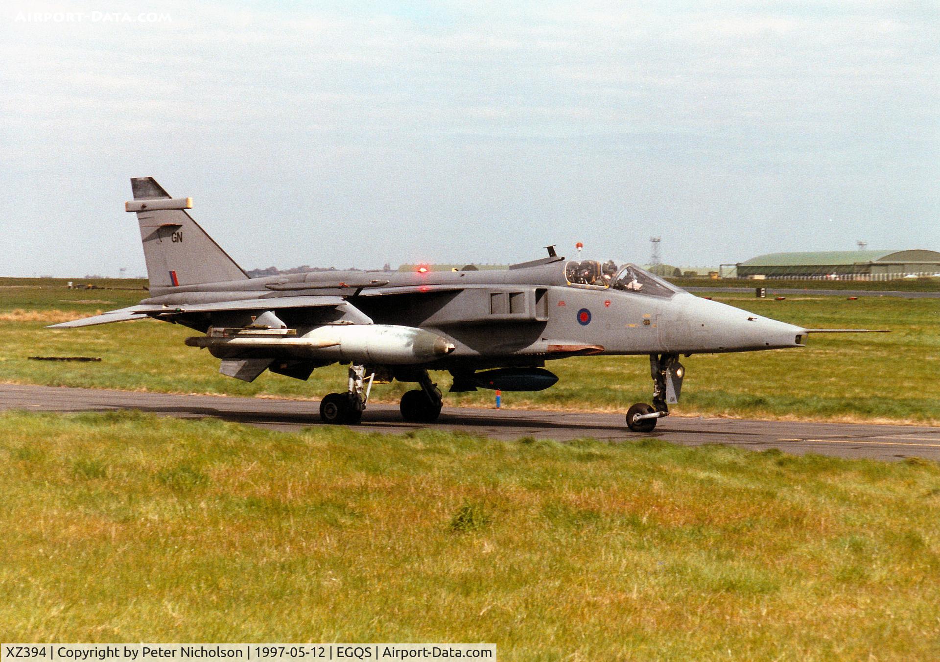 XZ394, 1977 Sepecat Jaguar GR.1A C/N S.159, Jaguar GR.1A, callsign Boxer 5, of 54 Squadron at RAF Coltishall taxying to Runway 05 at RAF Lossiemouth in the Summer of 1997.
