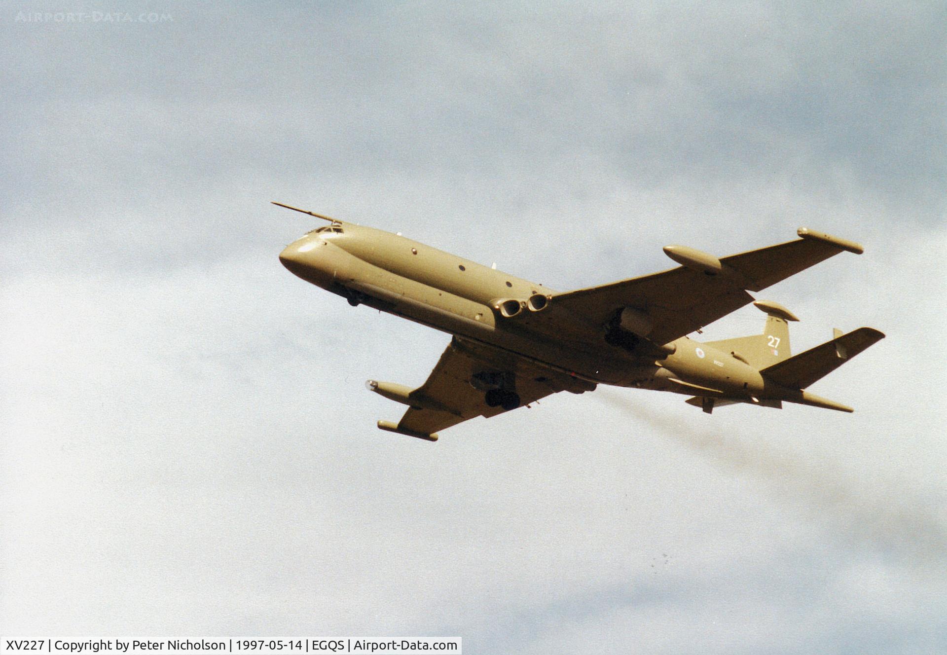 XV227, Hawker Siddeley Nimrod MR.2P C/N 8002, Nimrod MR.2, callsign Two Bravo India, of the Kinloss Maritime Wing on overshoot of Runway 23 at RAF Lossiemouth in the Summer of 1997.
