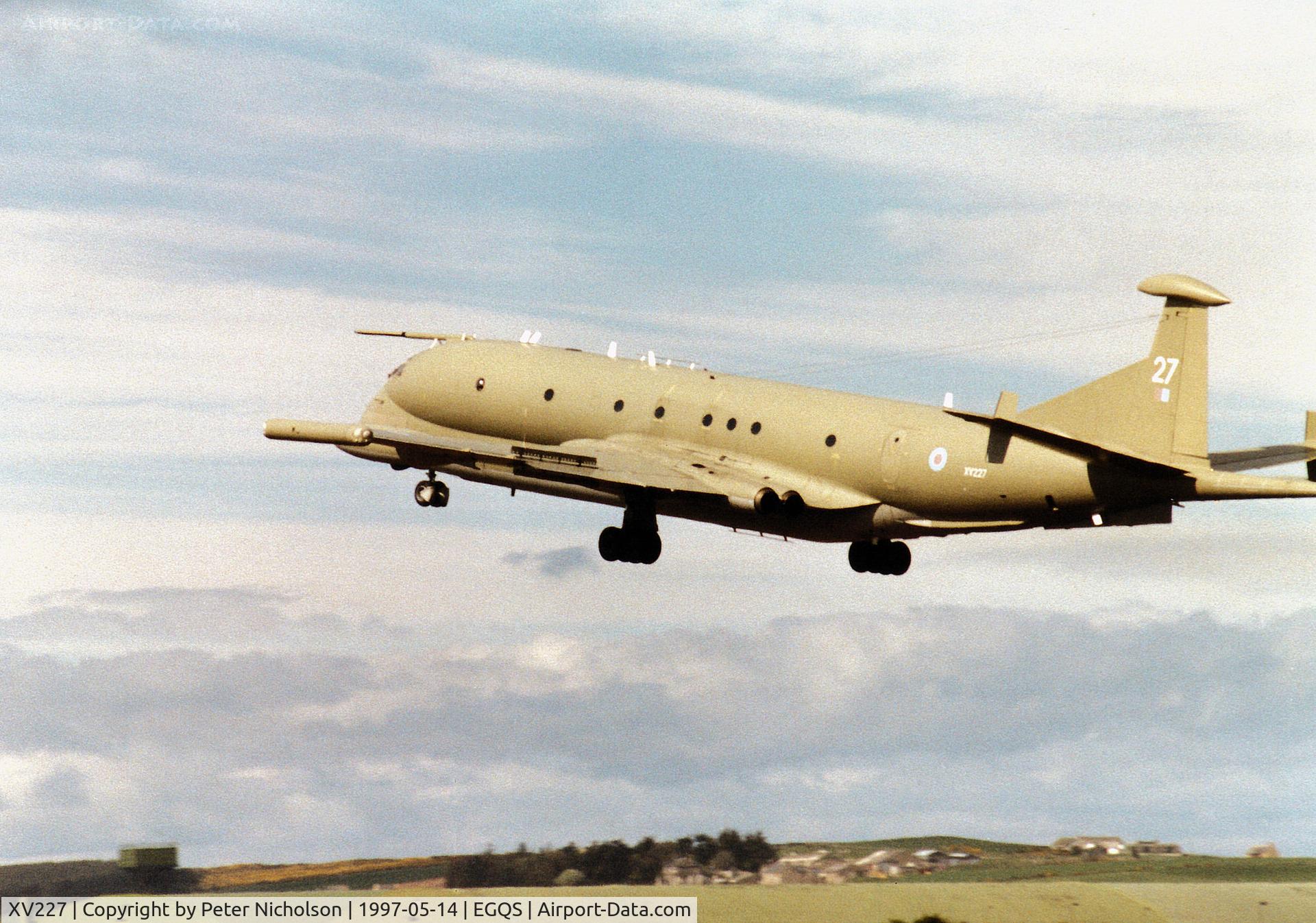 XV227, Hawker Siddeley Nimrod MR.2P C/N 8002, Nimrod MR.2 of the Kinloss Maritime Wing over-shooting Runway 23 at RAF Lossiemouth in the Summer of 1997.