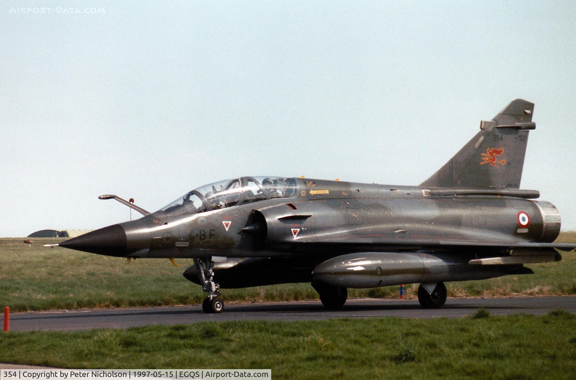 354, Dassault Mirage 2000N C/N 319, Mirage 2000N, callsign French Air Force 4210 Alpha, of EC 02.004 taxying to Runway 05 at RAF Lossiemouth in the Summer of 1997.