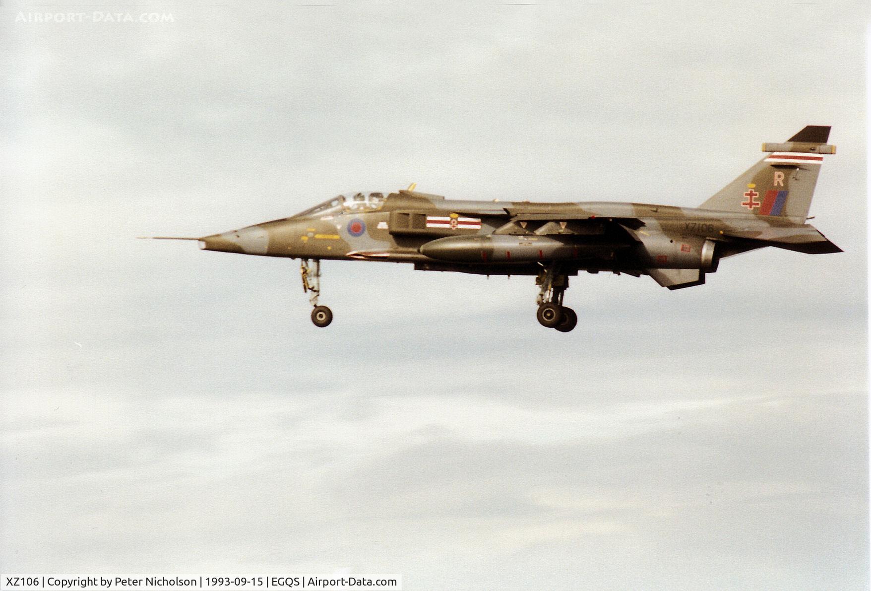 XZ106, 1976 Sepecat Jaguar GR.1A C/N S.107, Jaguar GR.1A of 41 Squadron at RAF Coltishall on final approach to Runway 23 at RAF Lossiemouth in September 1993.