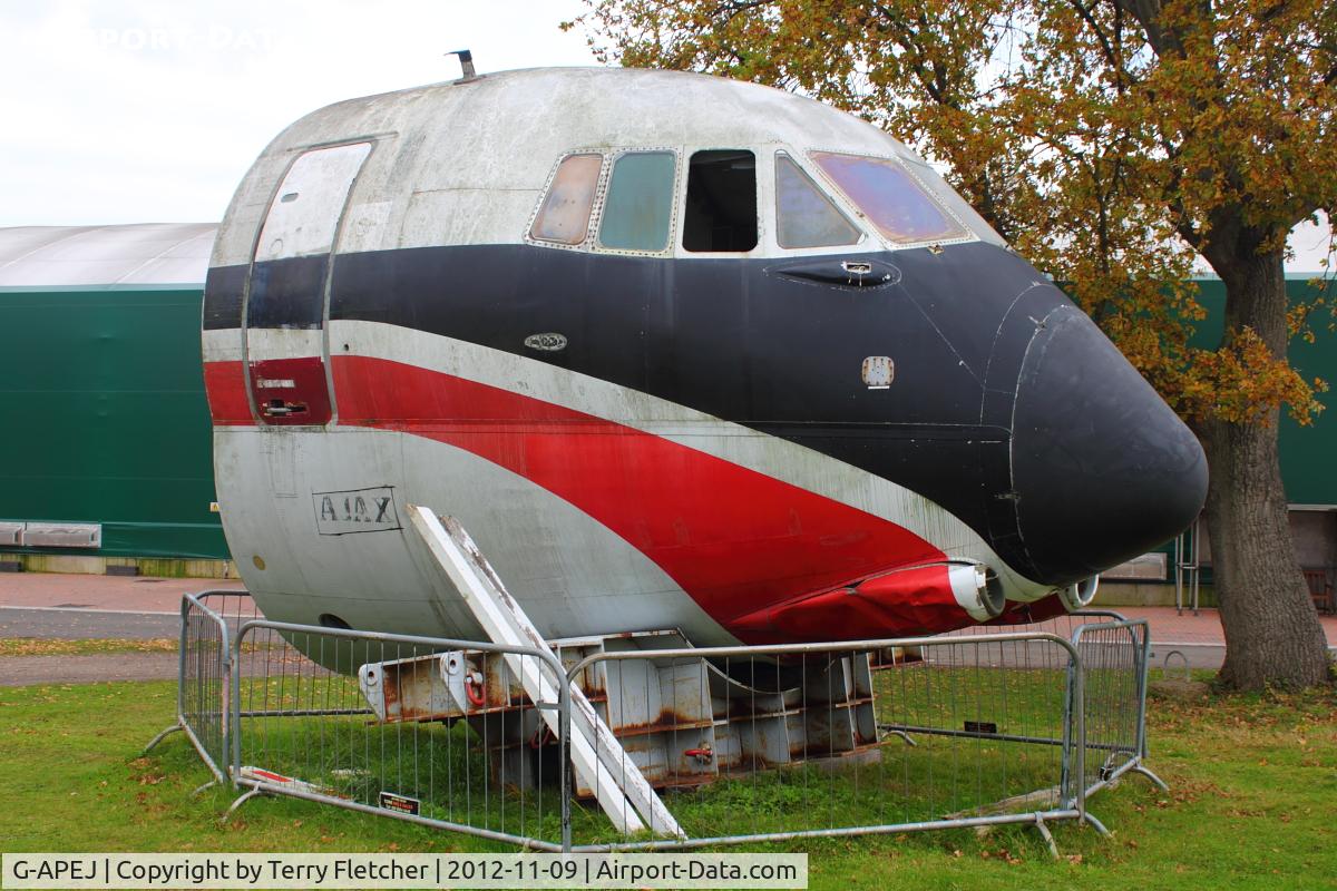 G-APEJ, 1961 Vickers V953C Merchantman C/N 713, Nose of G-APEJ (Ajax), 1961 Vickers Vanguard 953, c/n: 713 at Brooklands Museum
