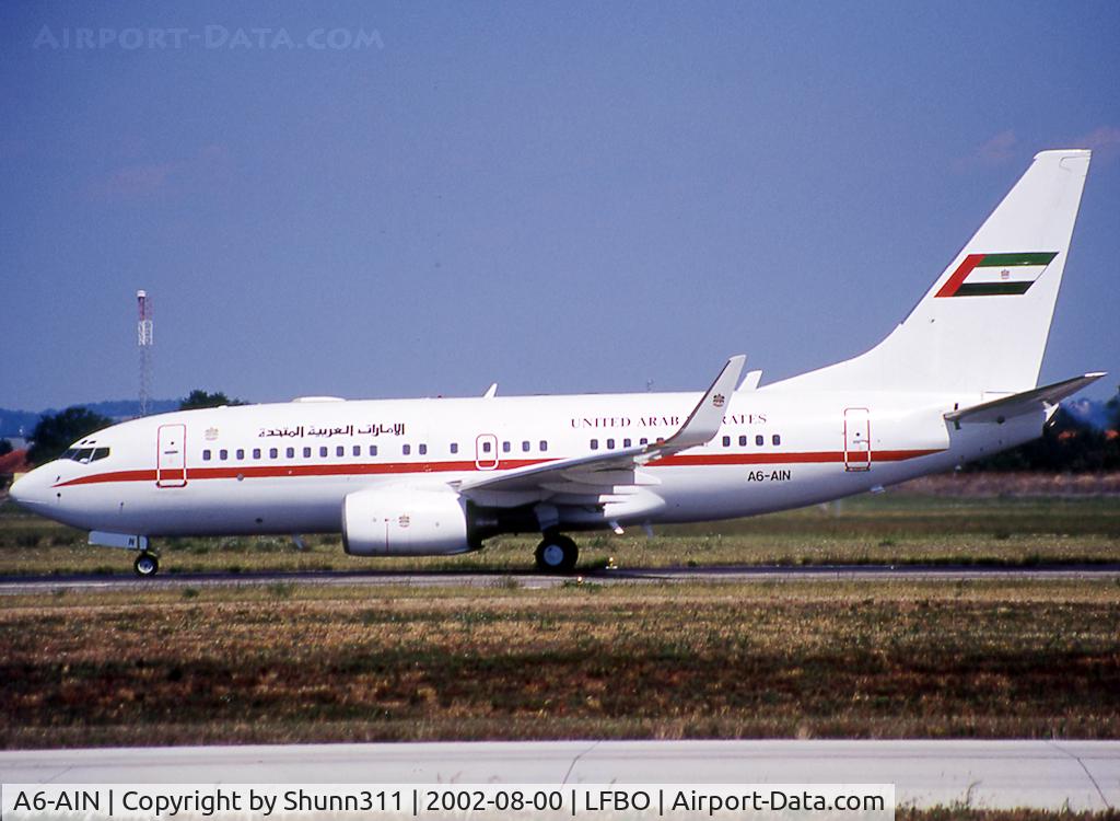 A6-AIN, 1999 Boeing 737-7Z5 BBJ C/N 29268, Arriving from flight on rwy 32L