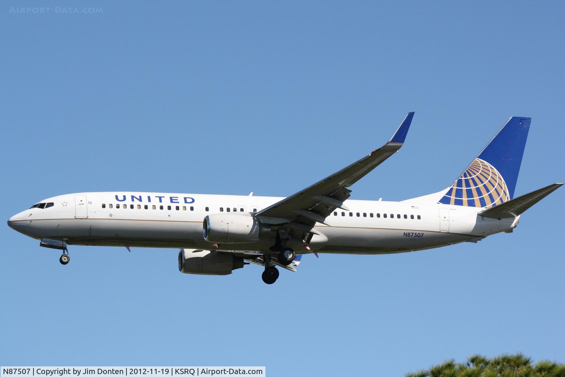 N87507, 2008 Boeing 737-824 C/N 31637, United Flight 1190 (N87507) on approach to Sarasota-Bradenton International Airport following a flight from Chicago-O'Hare International Airport