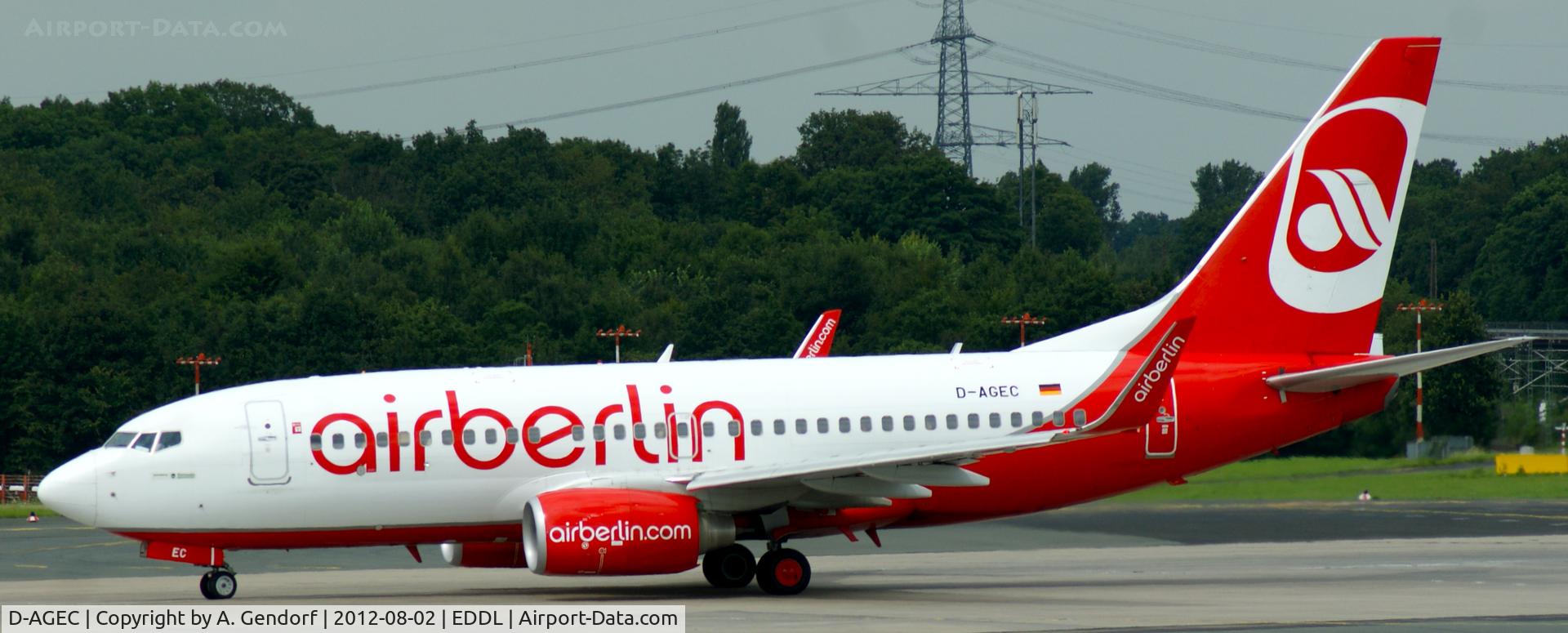 D-AGEC, 2009 Boeing 737-76J C/N 36118, Germania (Air Berlin cs.), is seen here on RWY 23L shortly before departure at Düsseldorf Int´l (EDDL)