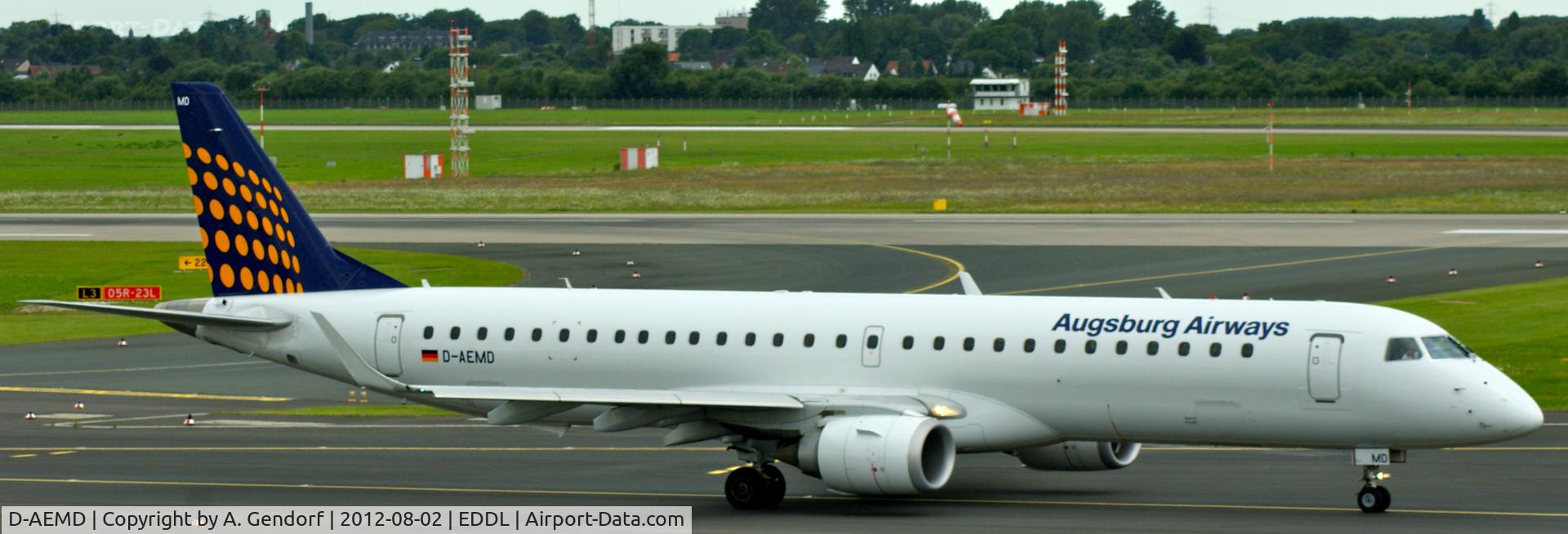 D-AEMD, 2009 Embraer 195LR (ERJ-190-200LR) C/N 19000305, Augsburg Airways, seen here on the taxiway at Düsseldorf Int´l (EDDL)