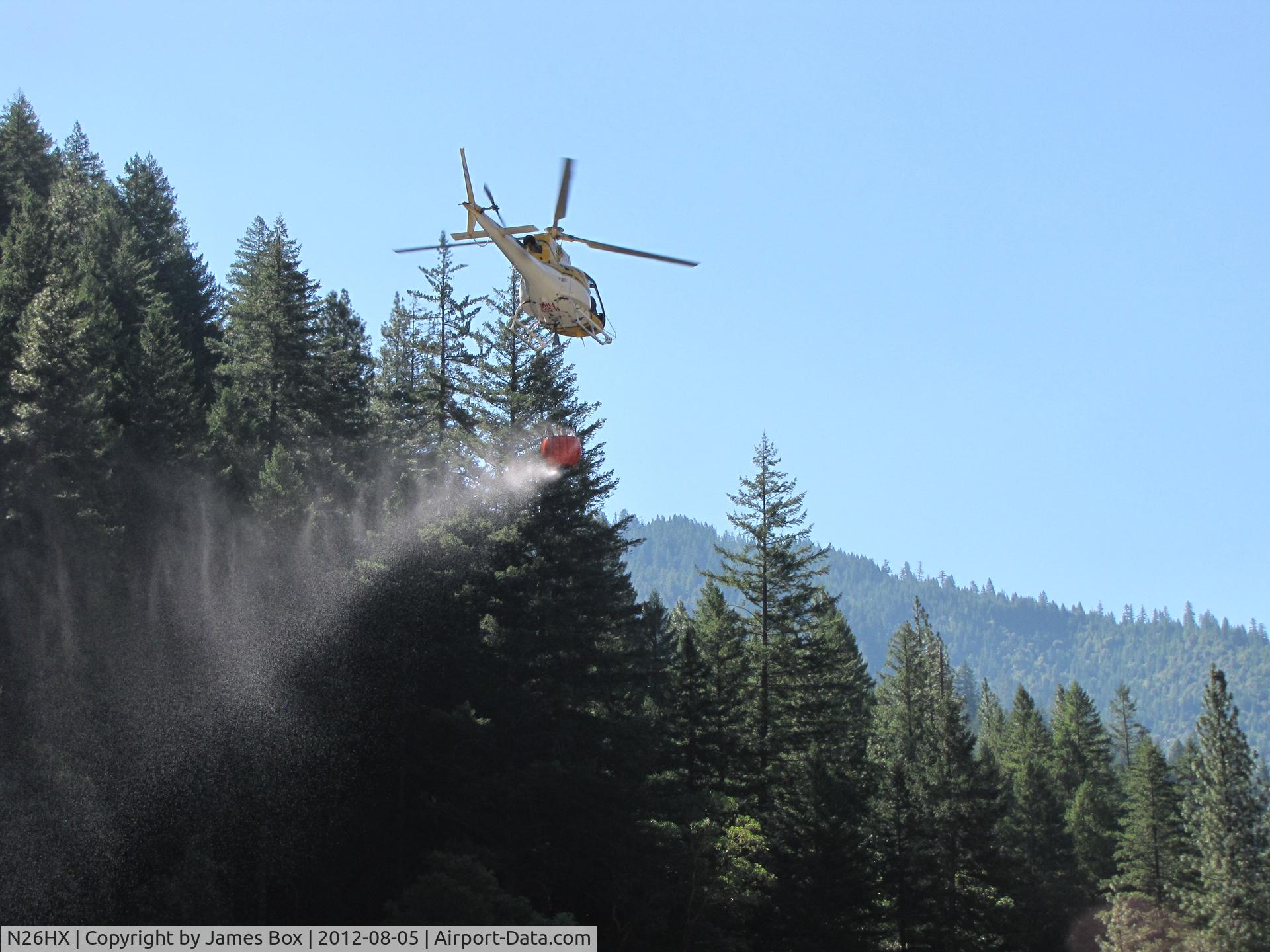 N26HX, 2007 Eurocopter AS-350B-3 Ecureuil Ecureuil C/N 4385, fire fighting in Aug. 2012, taking water from the Klamath River near Seiad, California