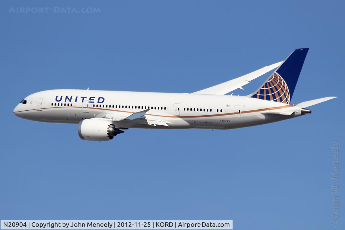 N20904, 2012 Boeing 787-8 Dreamliner C/N 34824, Climbing out after takeoff from 32L.