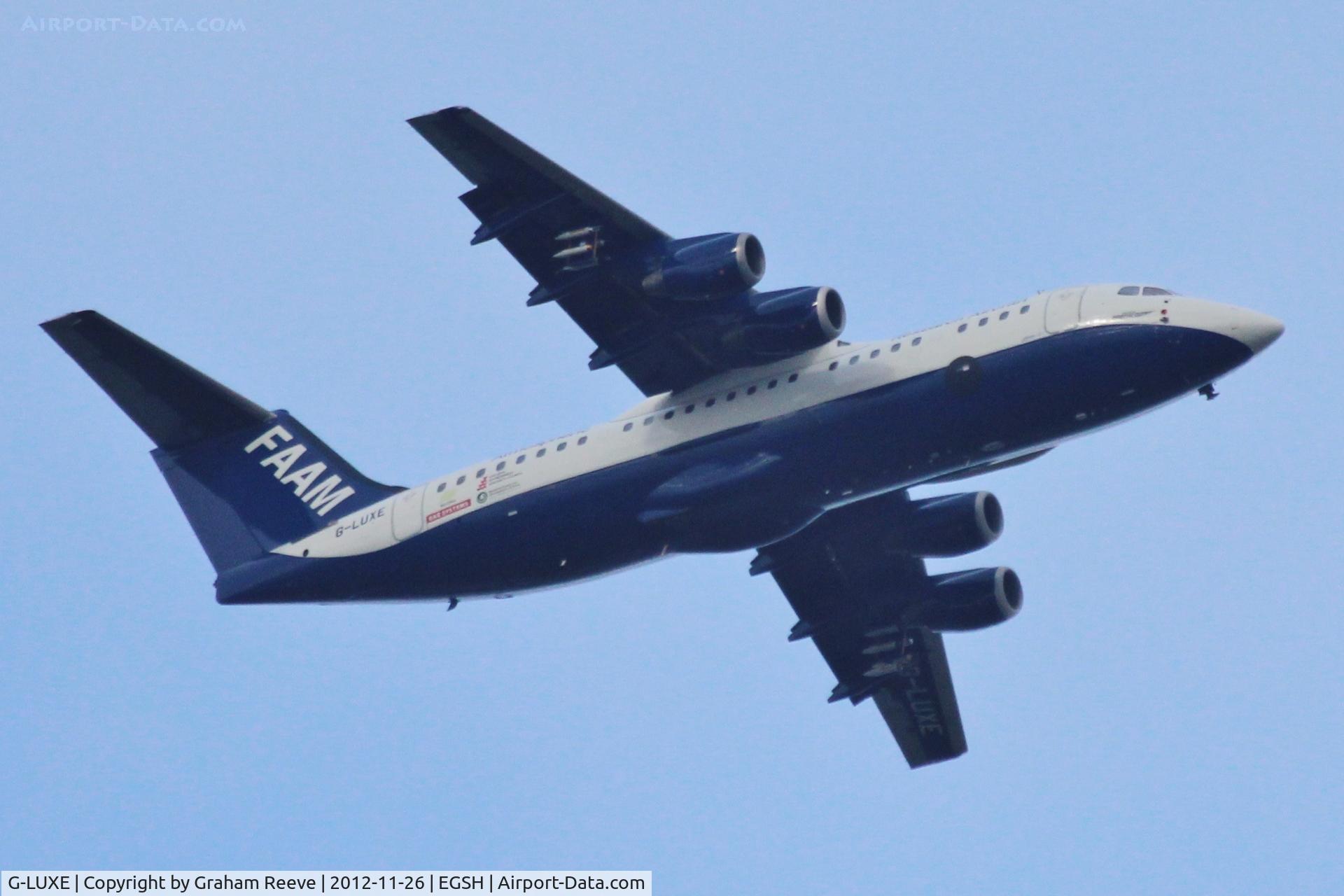G-LUXE, 1981 British Aerospace BAe.146-301 C/N E3001, High above Norwich Airport.
