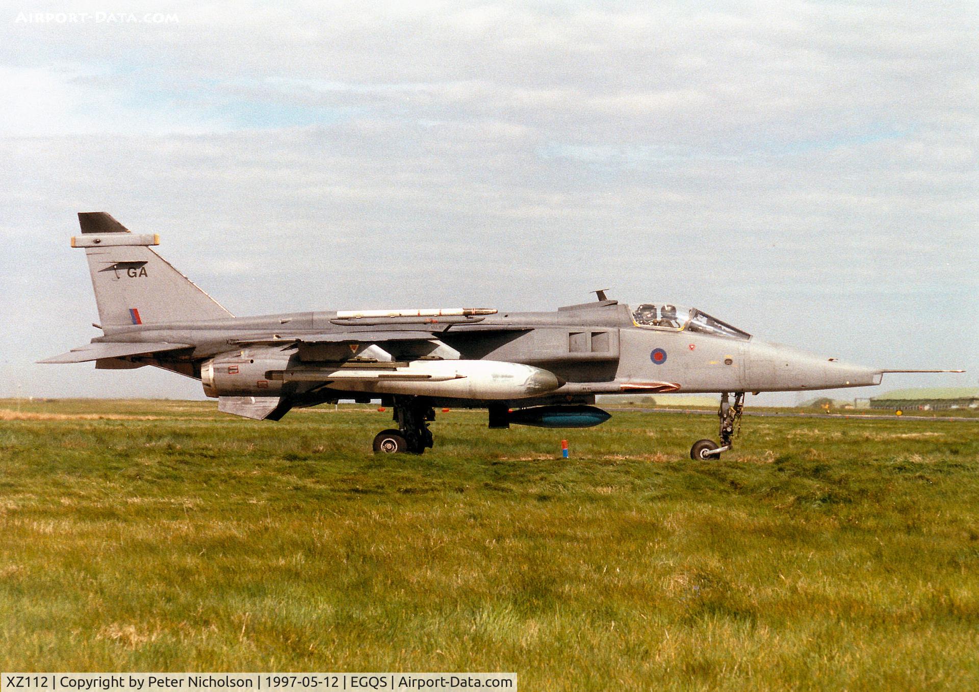 XZ112, 1976 Sepecat Jaguar GR.1A C/N S.113, Jaguar GR.1A, callsign Cresta 1, of 54 Squadron at RAF Coltishall taxying to Runway 05 at RAF Lossiemouth in the Summer of 1997.